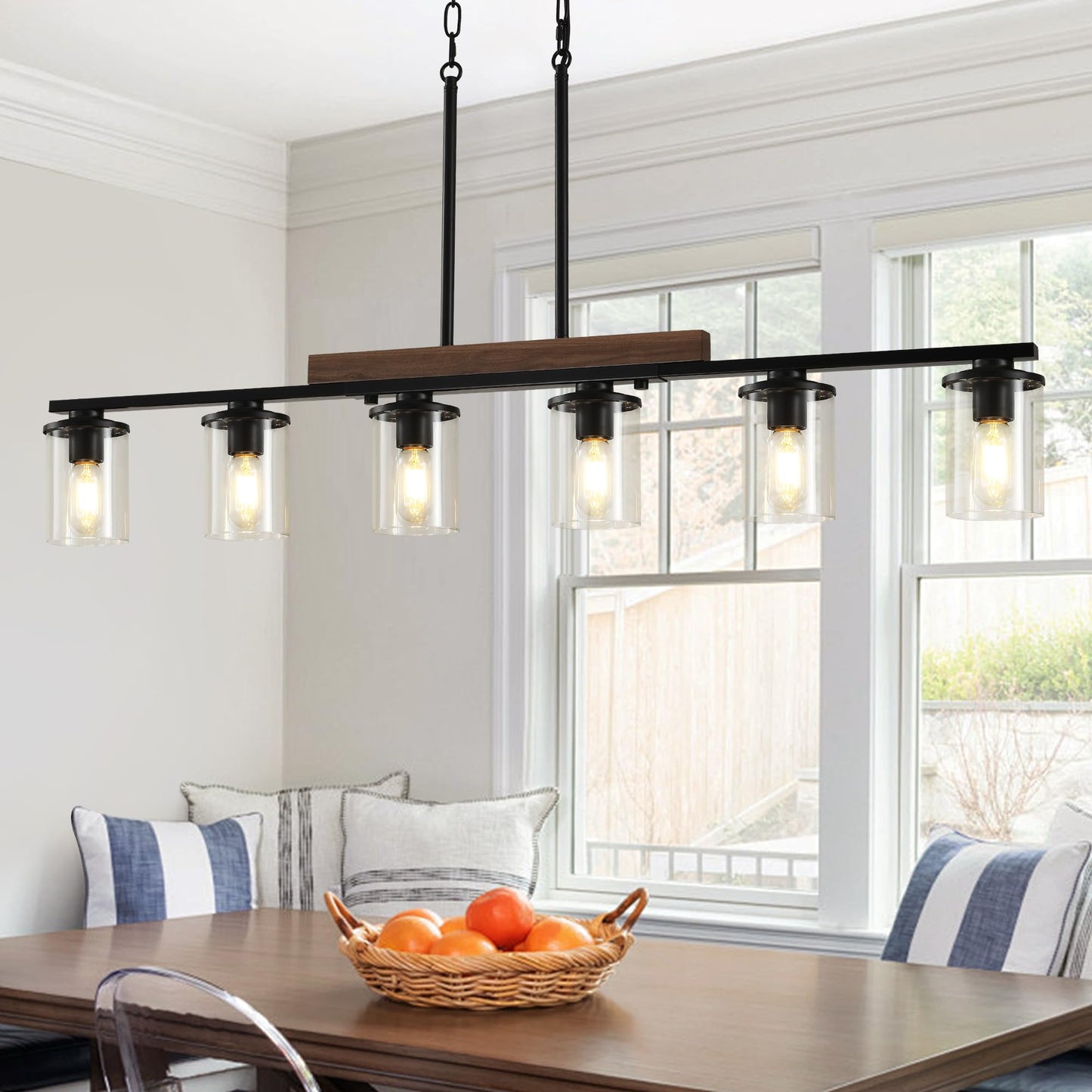 47.2'' Kitchen Island Light Fixtures, 6-Light Dining Room Light Fixture Chandelier Over Table, Black Modern Rustic Wood Ceiling Pendant Light Fixtures, with Clear Glass Shade, Farmhouse Chandelier