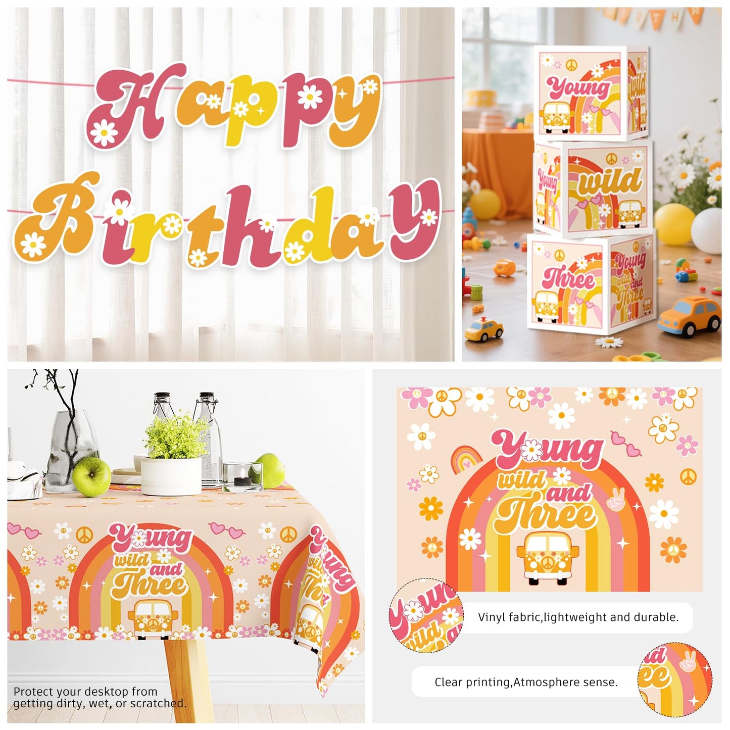 263pcs Young Wild and Three Party Decorations, Boho Groovy Daisy 3rd Birthday Decorations for Girls with Balloon Arch Tableware Backdrop Banner Tablecloth Cake Topper Balloon Box, Etc. Serves 20