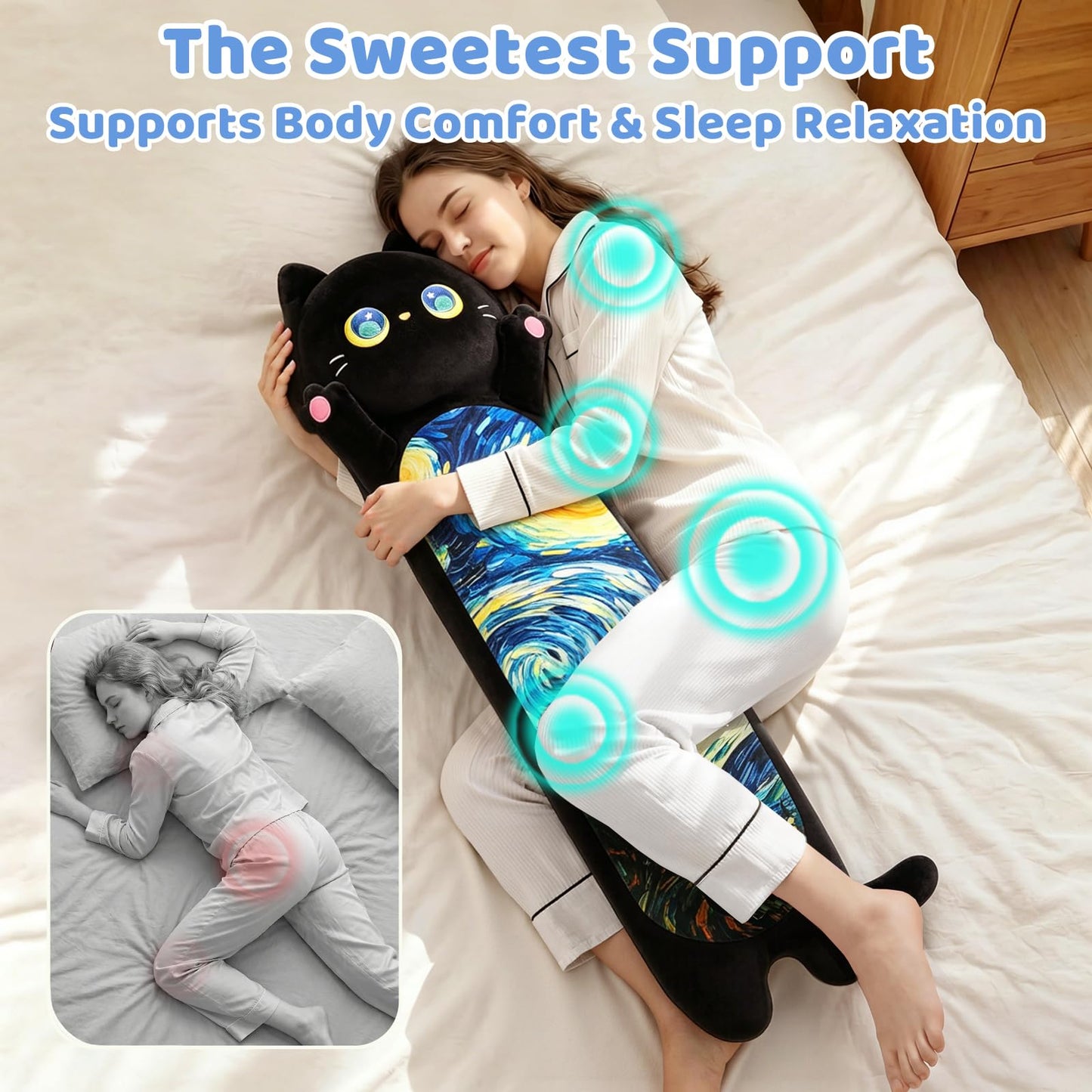 Mewaii Long Cat Plush Body Pillow, Cute Cat Plush Animals Kawaii Soft Plushies, Kitten Plush Pillow Gift for Girls Boys (Blue Starry Cat 53 Inch)