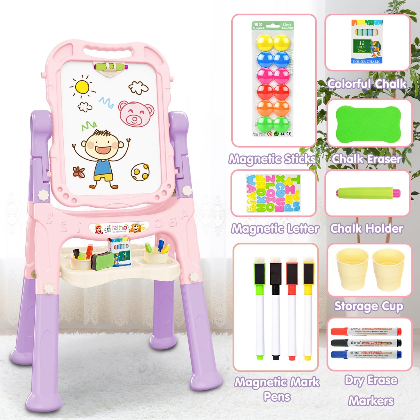Amagoing Easel for Kids, Adjustable Standing Art Easel for Toddler, Double Side Magnetic Chalk Board with Painting Accessories, Birthday Christmas Gift for Little Boys and Girls Age 3-5, Pink