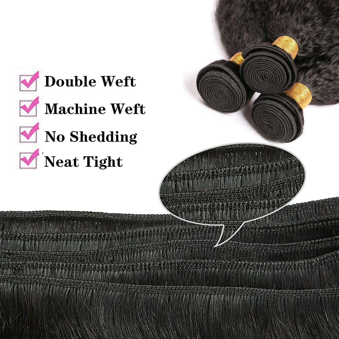 OLFORY Hair Bundles 12A Yaki Kinky Straight Human Hair 3 Bundles 100% Unprocessed Mongolian Virgin Human Hair Kinky Straight Bundles Yaki Hair Natural Color (16 18 20)