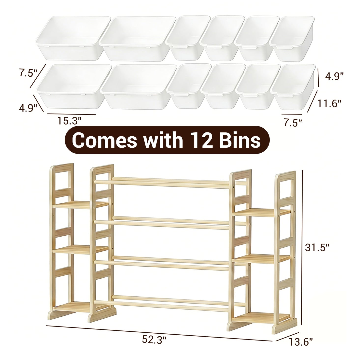 Kiddocood Kids Toy Storage Organizer with 12 Bins, 100% Solid Wood - Natural Finish Montessori Toy Organizer, BPA Free, CPC & TIC Certified Playroom Organization for Living Room & Nursery, 52.3"