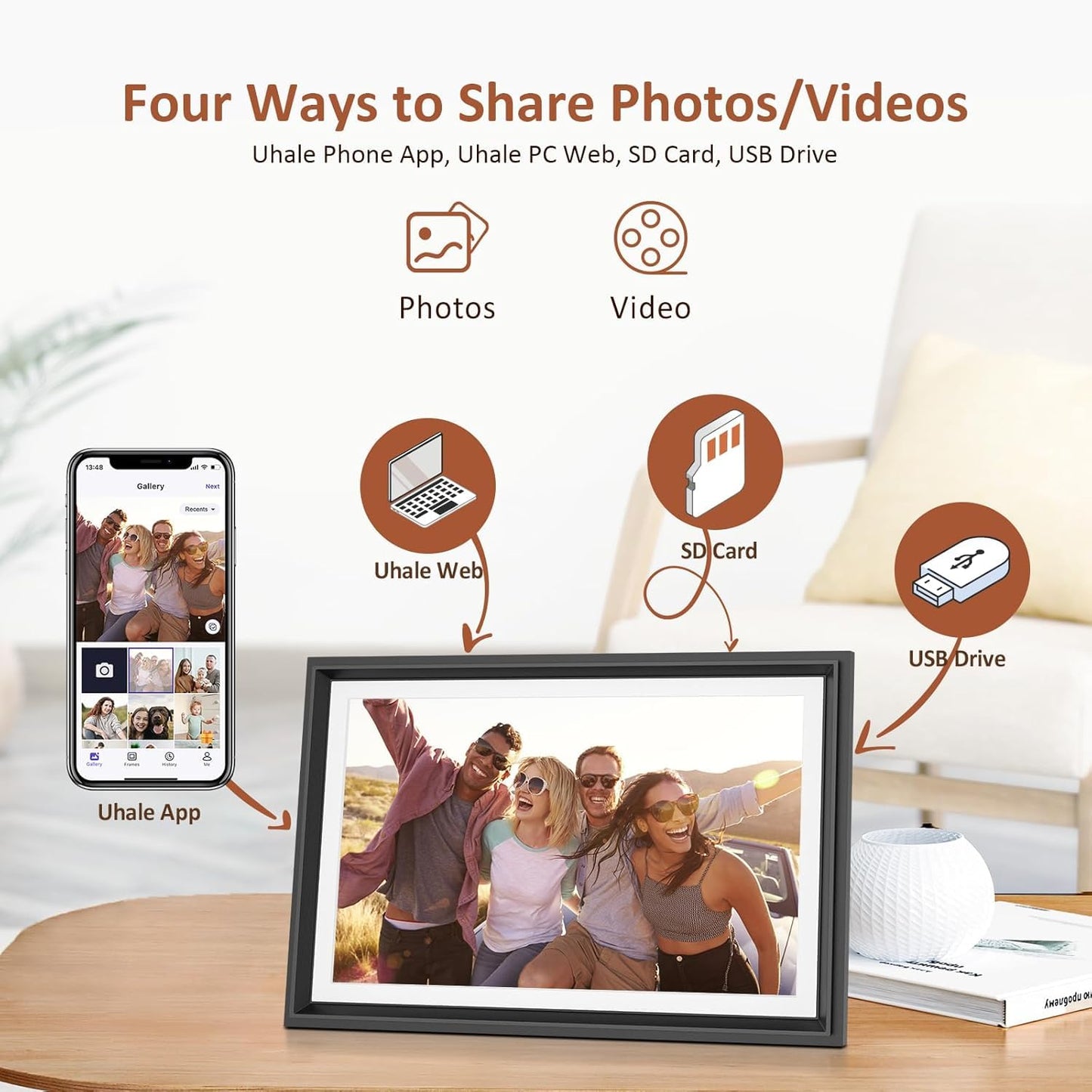 Livingpai 10.1 inch WiFi Digital Picture Frame, Touch Screen Smart Digital Photo Frame with 16GB Storage, WiFi Electronic Picture Frame Easy to Share Photos and Videos via Uhale App