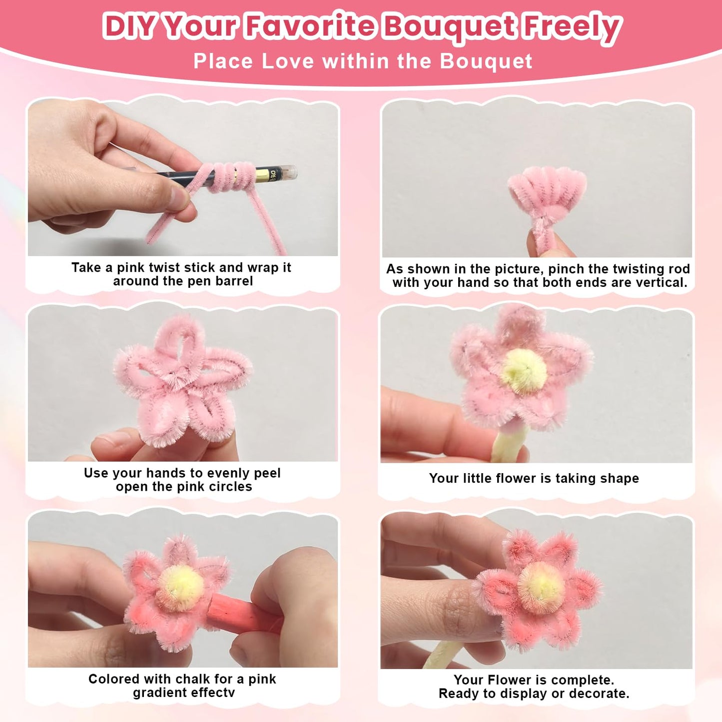 1800 PCS Pipe Cleaners Craft, 6 Colors Pipe Cleaner Bulk Flower Kit, Chenille Stems Bulk with Floral Wires, Gardening Tape, Stamen, Wrapping Paper & Ribbon, DIY Art and Craft Supplies - Pink Gradient