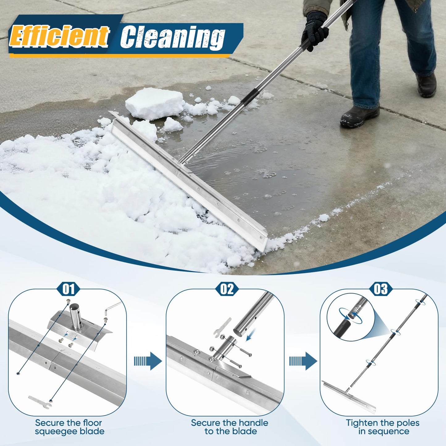 CAROD 33.4" Large Floor Squeegee for Concrete, Commercial Heavy Duty Silicone Blade Squeegee for Floor with 63" Stainless Handle, Anti-Splash Curved Baffle for Garage, Factory, and Tough Cleaning Jobs