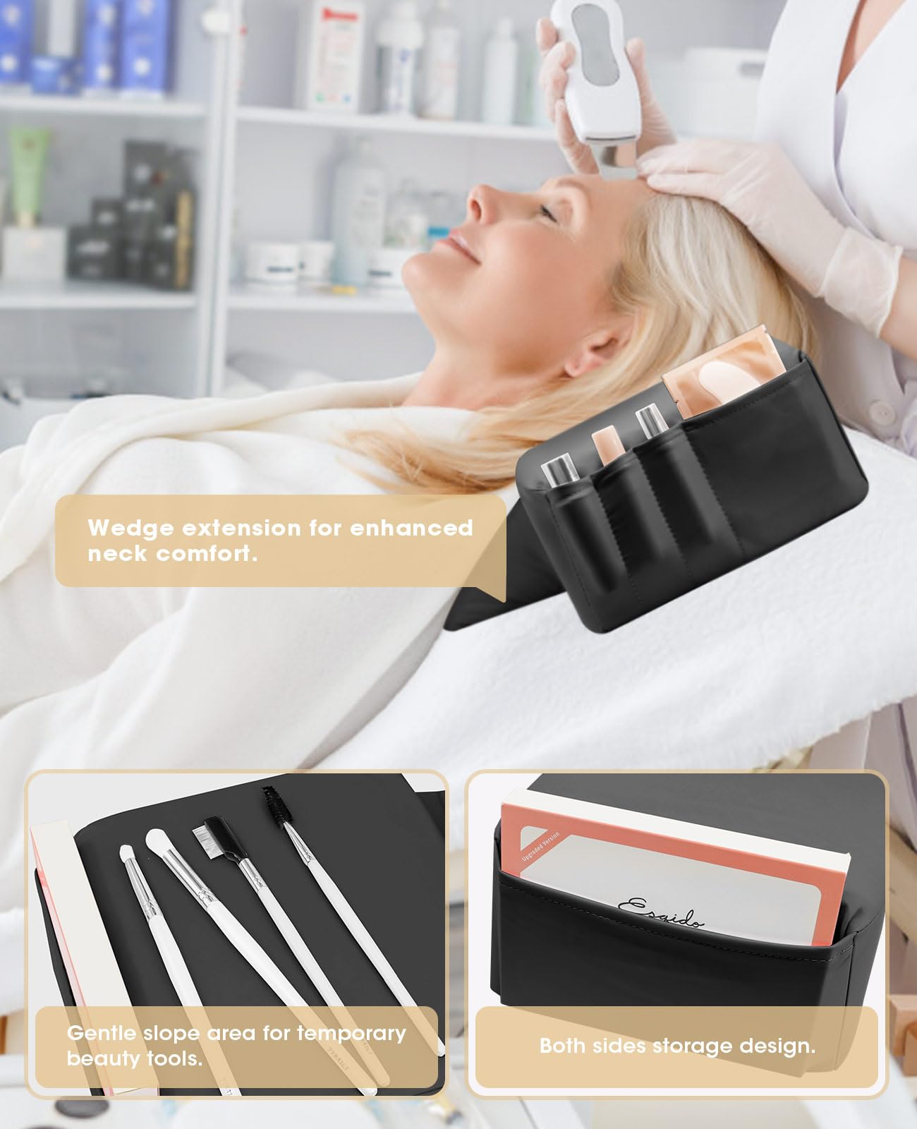 Onism Lash Pillow for Eyelash Extensions, 23'' Extra Wide Waterproof PU Leather Memory Foam Neck Support, Ergonomic Salon Grafting Headrest with Side Organizers, Black