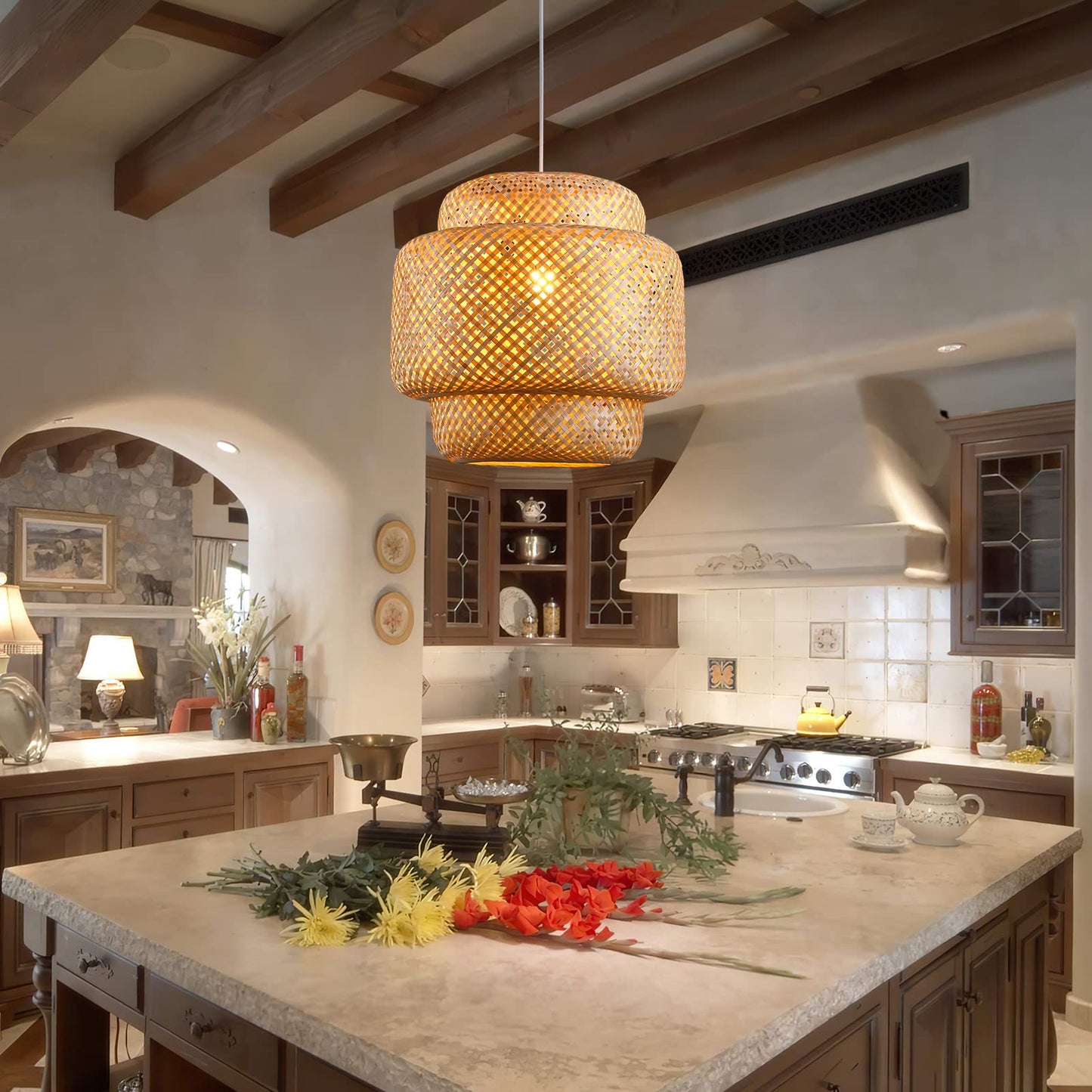 Karjearl Bamboo Pendant Light - Boho Basket Chandelier Handmade Woven Pendant Light, Natural Wicker Rattan Hanging Chandelier for Kitchen Island Dining Room Living Room Porch
