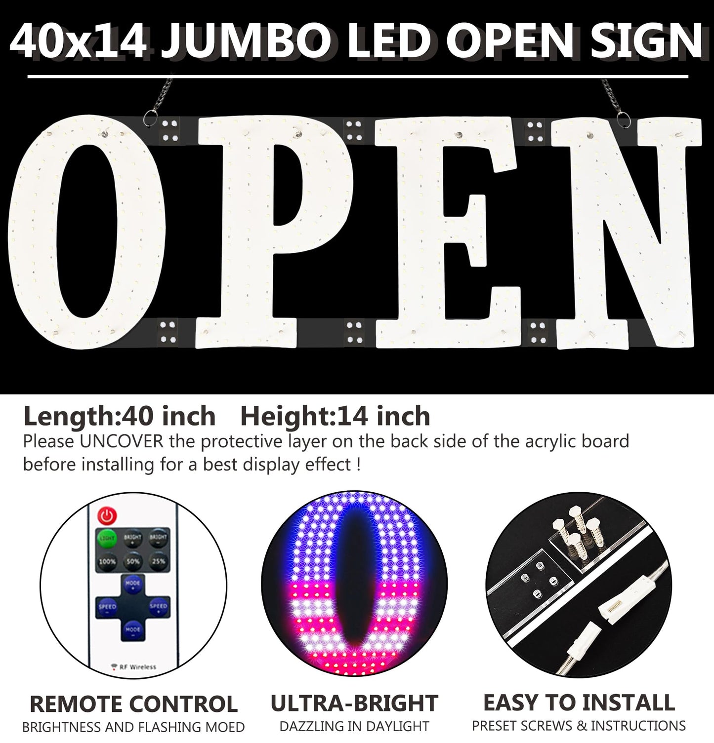 Open Signs for Business,40x14 inch USA Flag Open Sign Led for Window Wall Door w/Remote Control Bar Cafe Salon Barber Resturant Retail Store