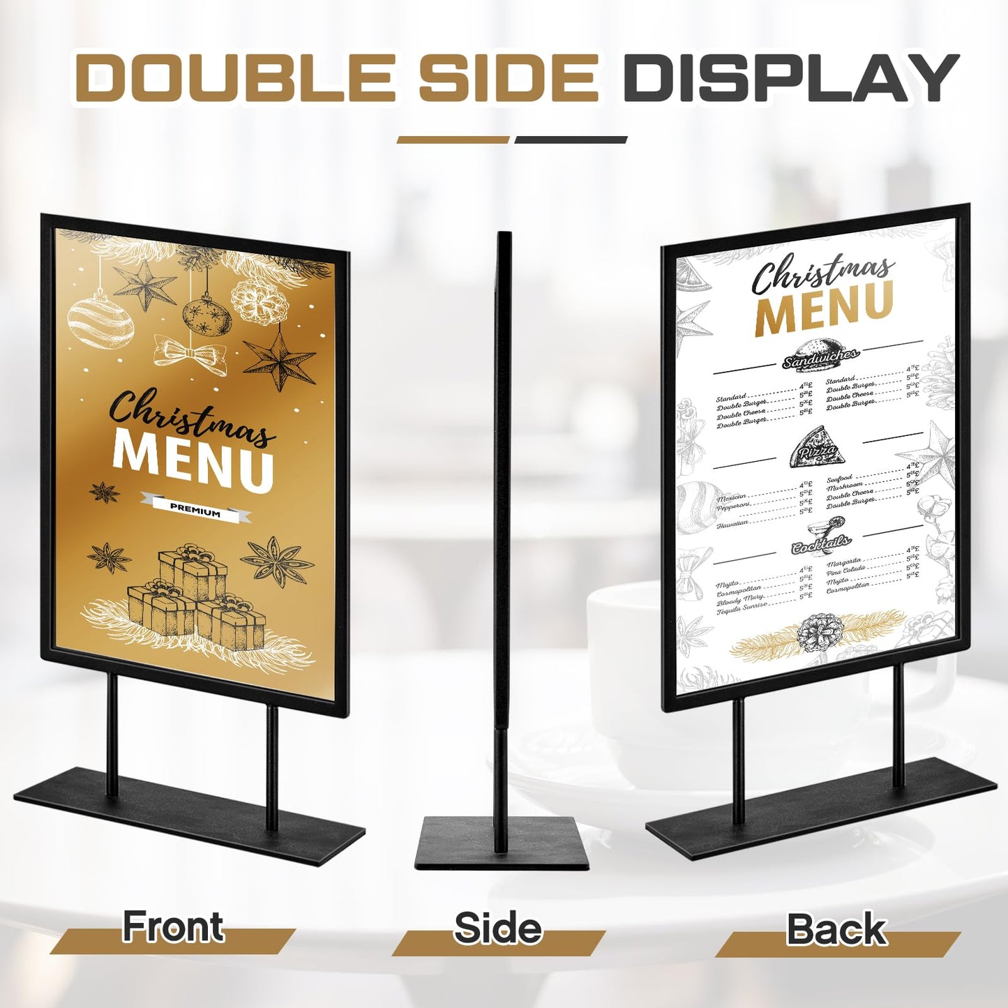 Zhengmy Tabletop Sign Holder with Flat Base Double Sided Countertop Sign Holder 11" x 8.5" Vertical Desktop Display Stand Metal Poster Display Stand for Office Store Restaurant Hotels, Black