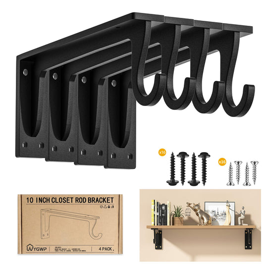 Closet Rod Brackets Heavy Duty Support 400 lbs WYGWP Wall Mounted Closet Shelf Brackets with Rod Holder for Closet, Bathroom and Kitchen (4pack Black)