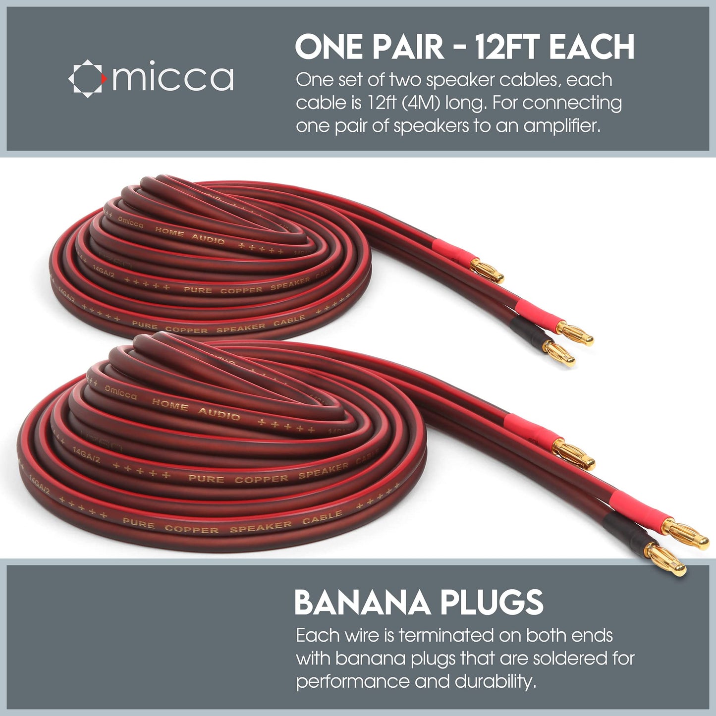 Micca 14 Gauge Pure Copper Speaker Wire, 12 Feet (4 Meters 13.1ft Actual), 2 Pack Pair, Gold Plated Banana Plugs Connectors, Soldered Construction, Slim Design, 245 Strands, For Stereo or Home Theater
