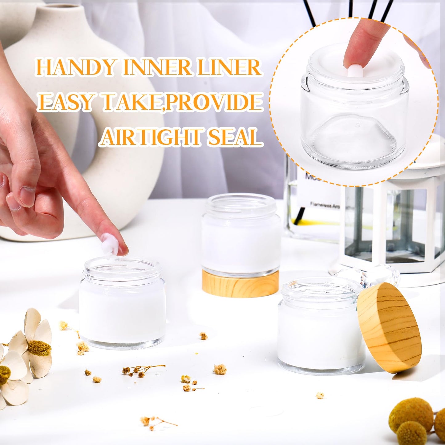 Layhit 24 Pcs Glass Jars with Lids Clear Small Jars with Woodgrain Lids, White Labels and Inner Liners Empty Round Cosmetic Containers for Creams Lotions Powder Ointments Candle Making(2 oz)