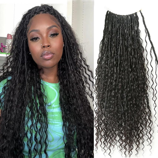 Crochet Boho Faux Locs with Human Hair Curls Pre-looped Goddess Crochet Locs Curly Ends Human Hair Soft Dreadlocks Braiding Hair for Black Women Natural Color 22Inch 24Locs