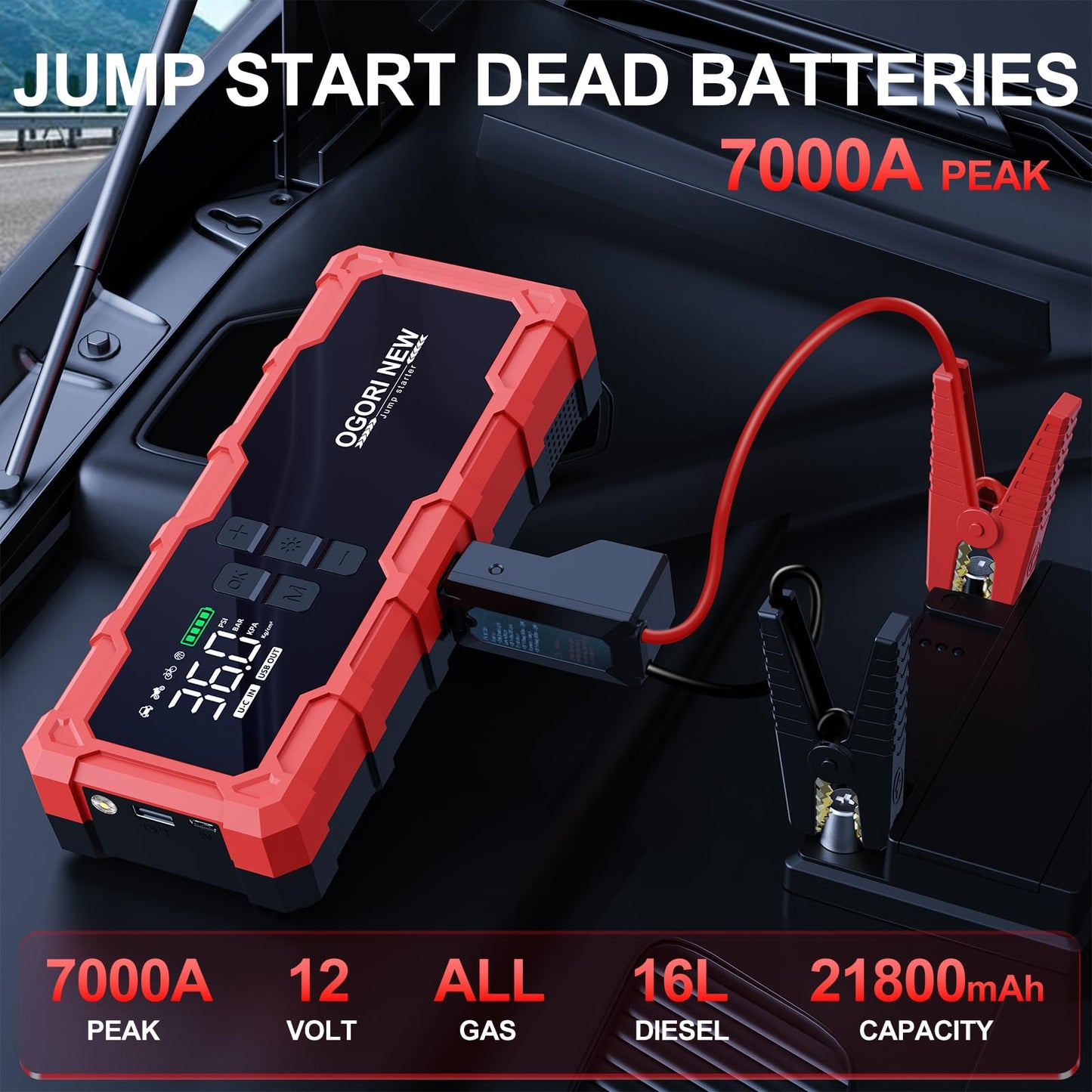 7000A Jump Starter with Air Compressor, 21800mAh 150PSI Portable Car Battery Jump Starter (All Gas/16L Diesel), 12V Supersafe Jump Box Car Battery Booster with Jumper Cables, Lights