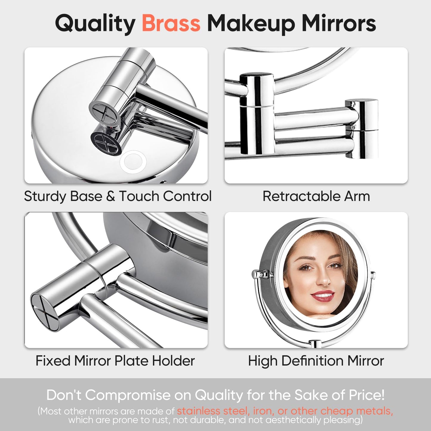 GURUN Wall Mounted Hardwired Makeup Mirror with 3 Tones Dimmable LED Lights 10x Magnifying Mirror with Touch Control for Bathroom Bedroom 13" Extendable Arm Direct Wire M1809D-T(10x,Chrome)