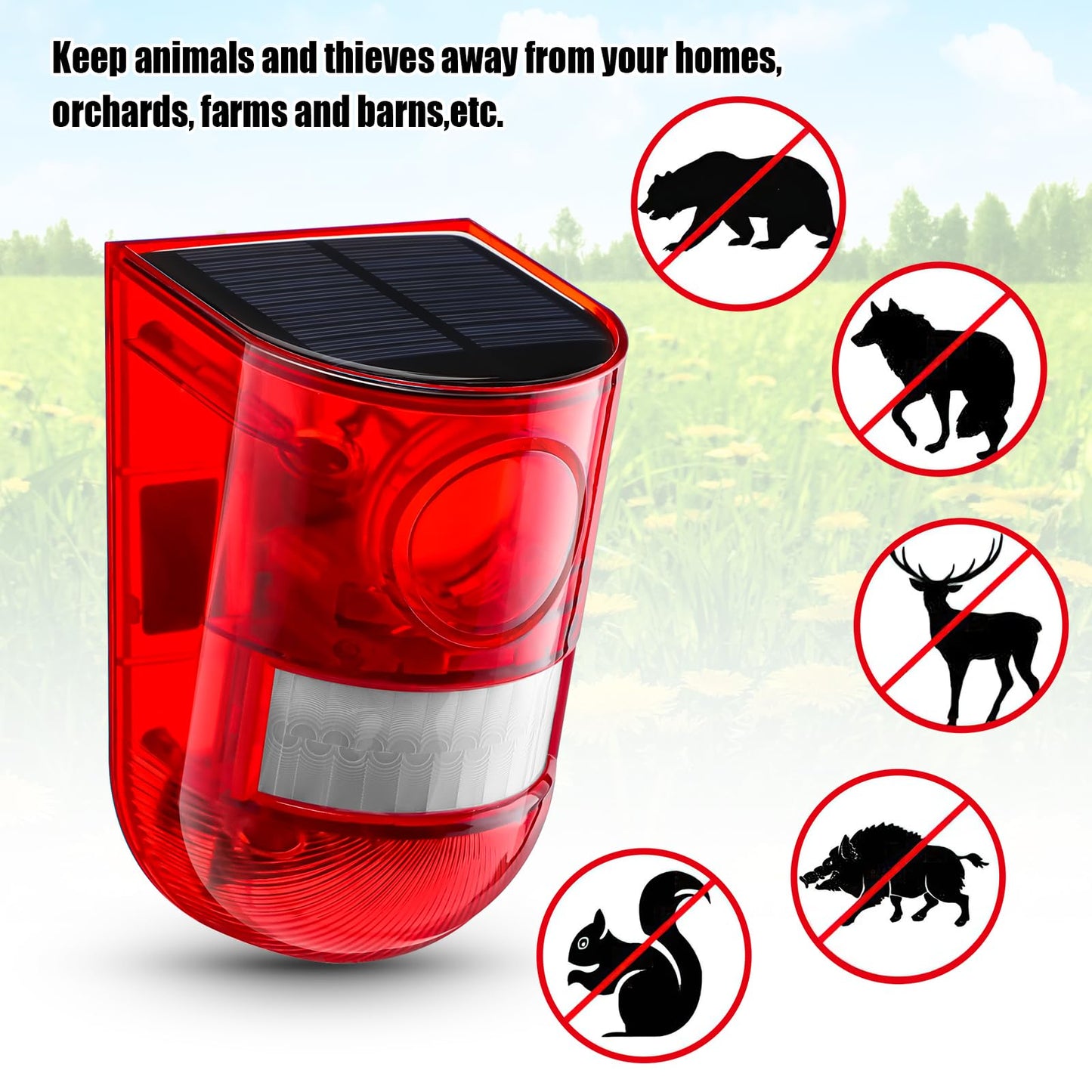 Qualirey Solar Sound and Light Alarm Motion Sensor 129db Outdoor Dog Baking Security Siren Waterproof Motion Activated Detector Alarm 6 LEDs Flash Warning Strobe System for Home, Farm(6 Pack)