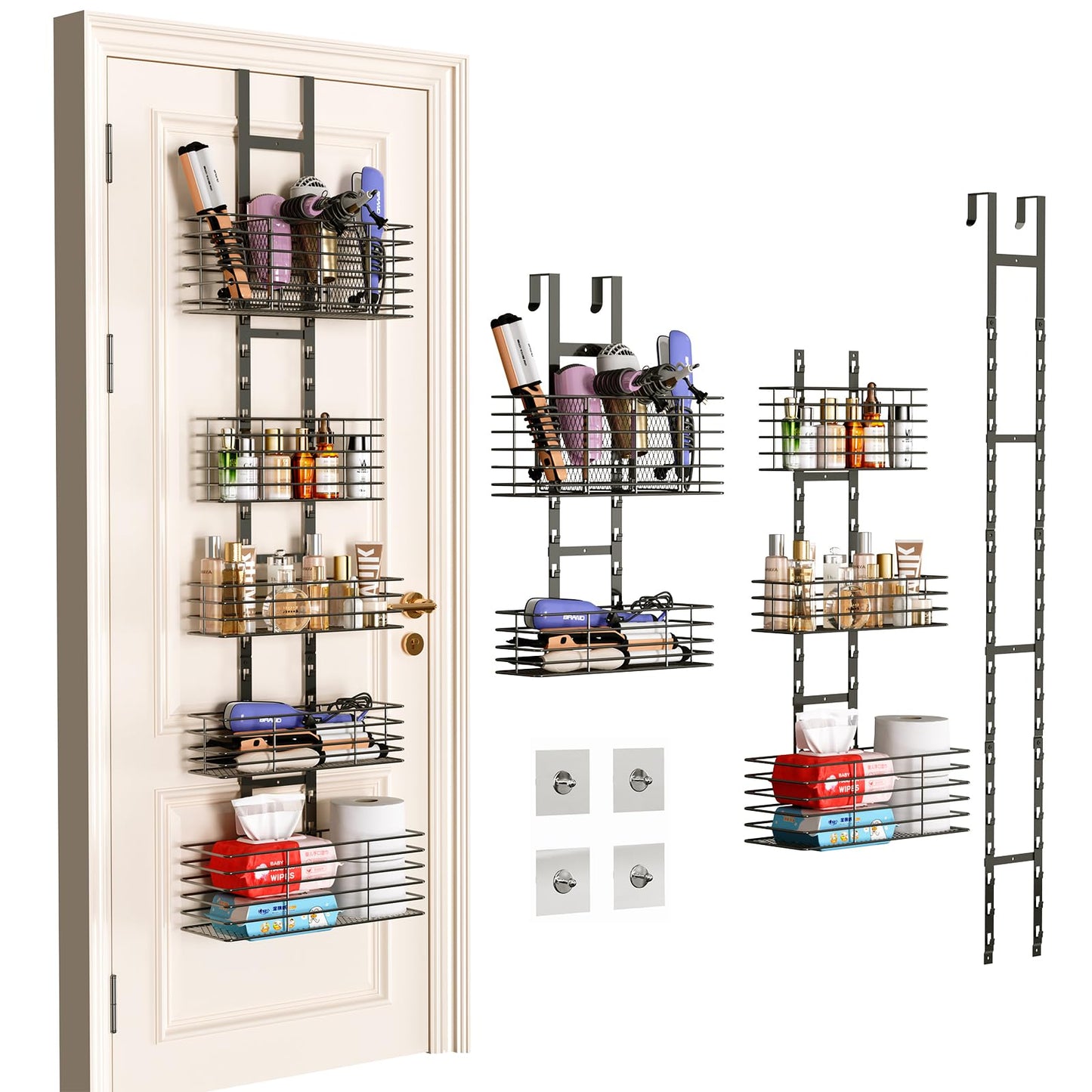 Yuyetuyo 5-Tier Over The Door Bathroom Organizer - Hair Dryer Holder - Hair Tool Organizer Adjustable Height, DIY Bathroom Storage Shelf Wall Mounted for Flat/Curling Irons, Straighteners, Skincare