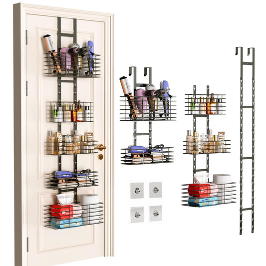 Yuyetuyo 5-Tier Over The Door Bathroom Organizer - Hair Dryer Holder - Hair Tool Organizer Adjustable Height, DIY Bathroom Storage Shelf Wall Mounted for Flat/Curling Irons, Straighteners, Skincare