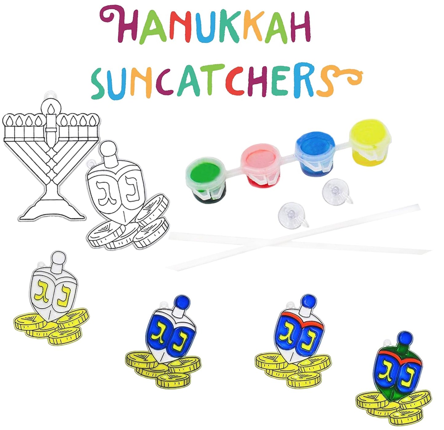 The Dreidel Company 12-Pack Hanukkah Sun Catcher - Stained Glass Look - Paint Your on Menorah and Dreidel - Fun and Educational (12-Pack)