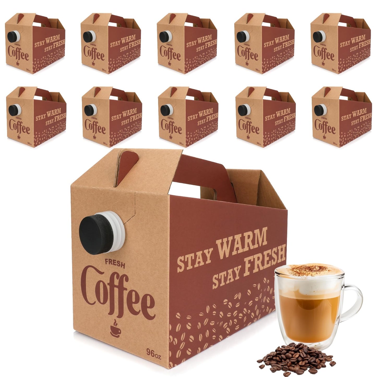 INPARALLUV 10 Pack Disposable Coffee Box Dispensers Coffee to Go Drink Containers Insulated Hot Beverage Dispenser coffee Carrier with Handle Beverage Server for Parties Catering Take Out (96 oz)