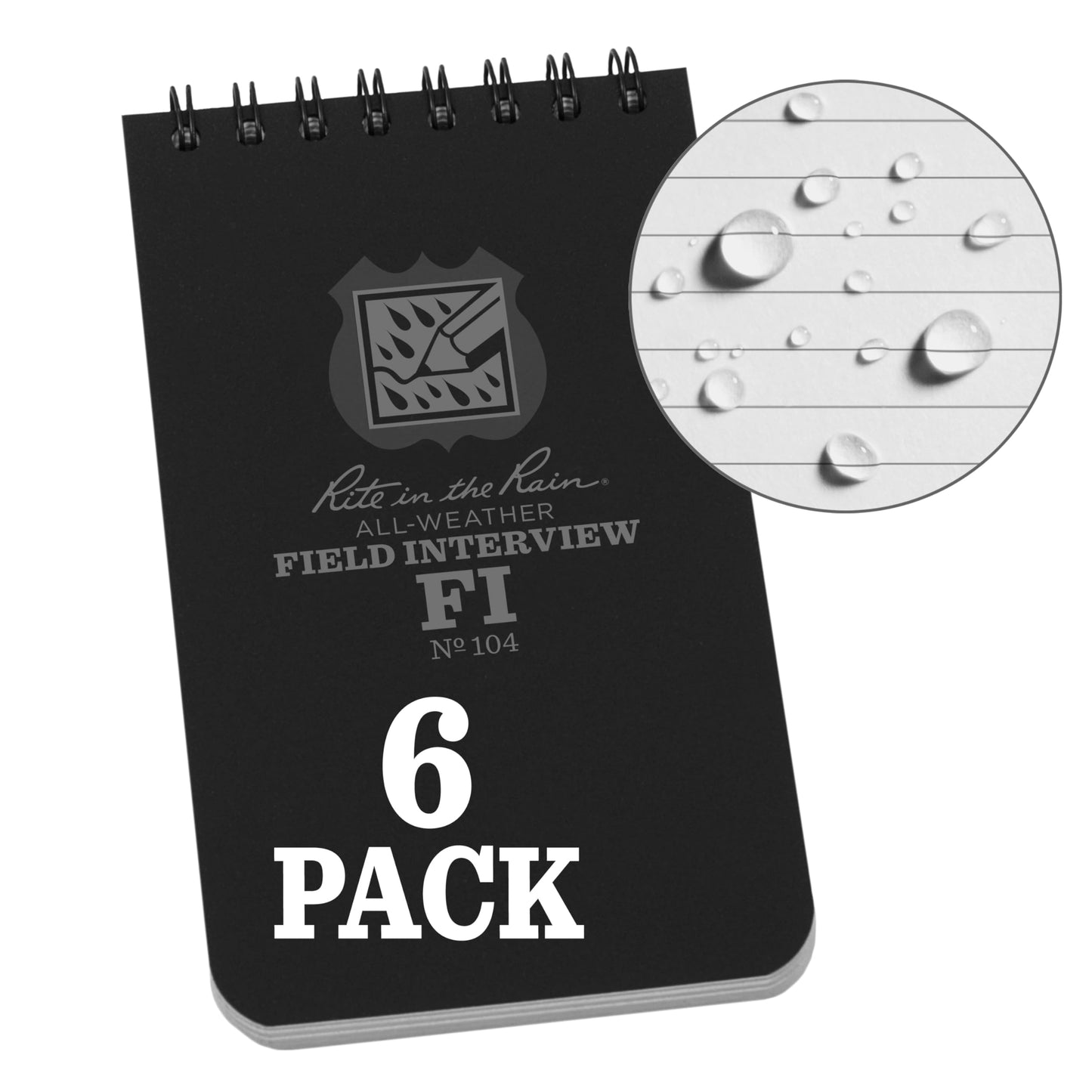 Rite in the Rain Weatherproof Field Interview Notebook, 3" x 5", Black Cover, Field Interview Form Pages, 6 Pack (No. 104L6)