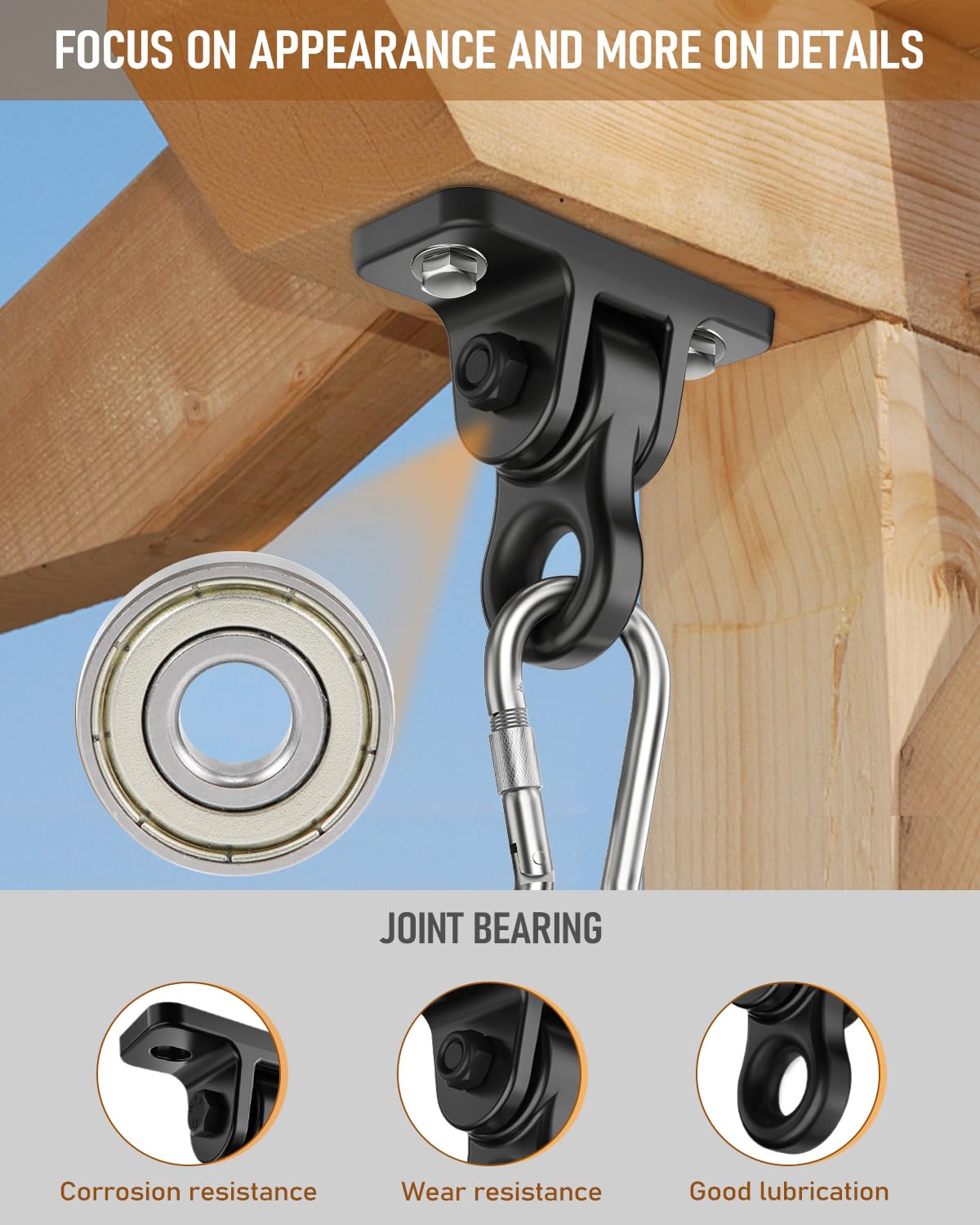 Heavy Duty Porch Swing Hangers Kit, with Screws Bolts for Wooden Sets Playground Porch Patio Yoga Seat Indoor Outdoor Hanging Snap Hooks (4 Pack Black)