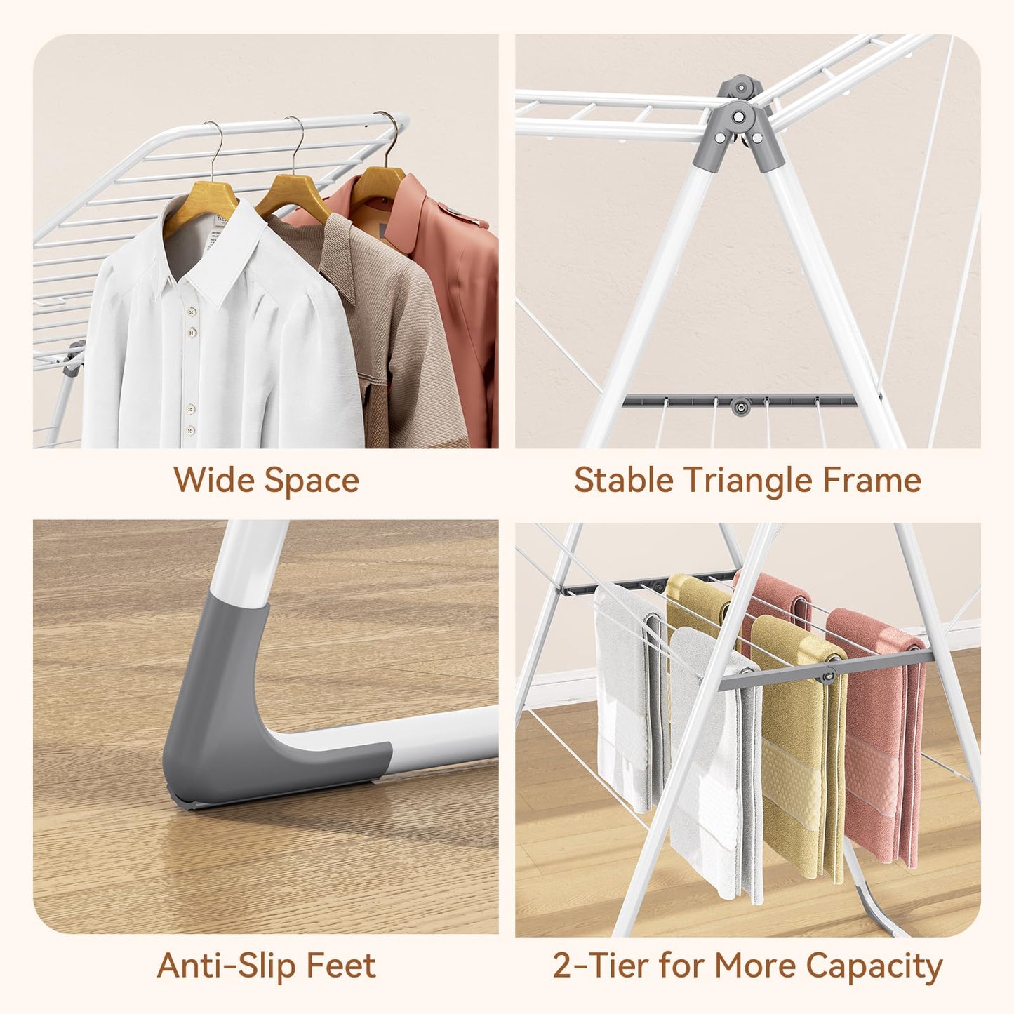 APEXCHASER Clothes Drying Rack, Foldable Drying Rack Clothing, Sturdy Metal Laundry Drying Rack, Height-Adjustable Gullwing, Easy to Fold, Space-Saving, for Indoor Outdoor, White