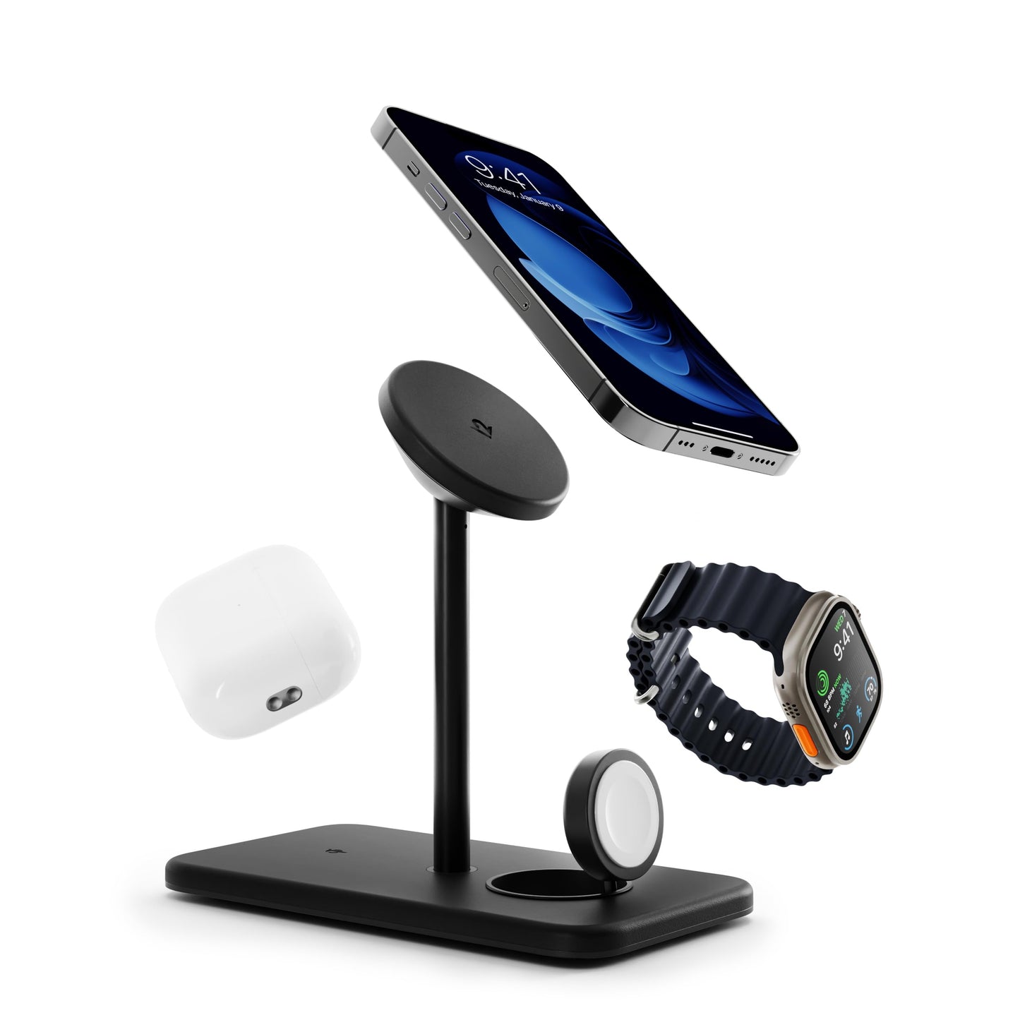 Twelve South HiRise 3 Deluxe, Compact Luxury Wireless Magsafe Charging Stand for iPhone, AirPods and Apple Watch - Includes US Power Supply with 5 Foot Cord, Plus International Plug Adapters, Black