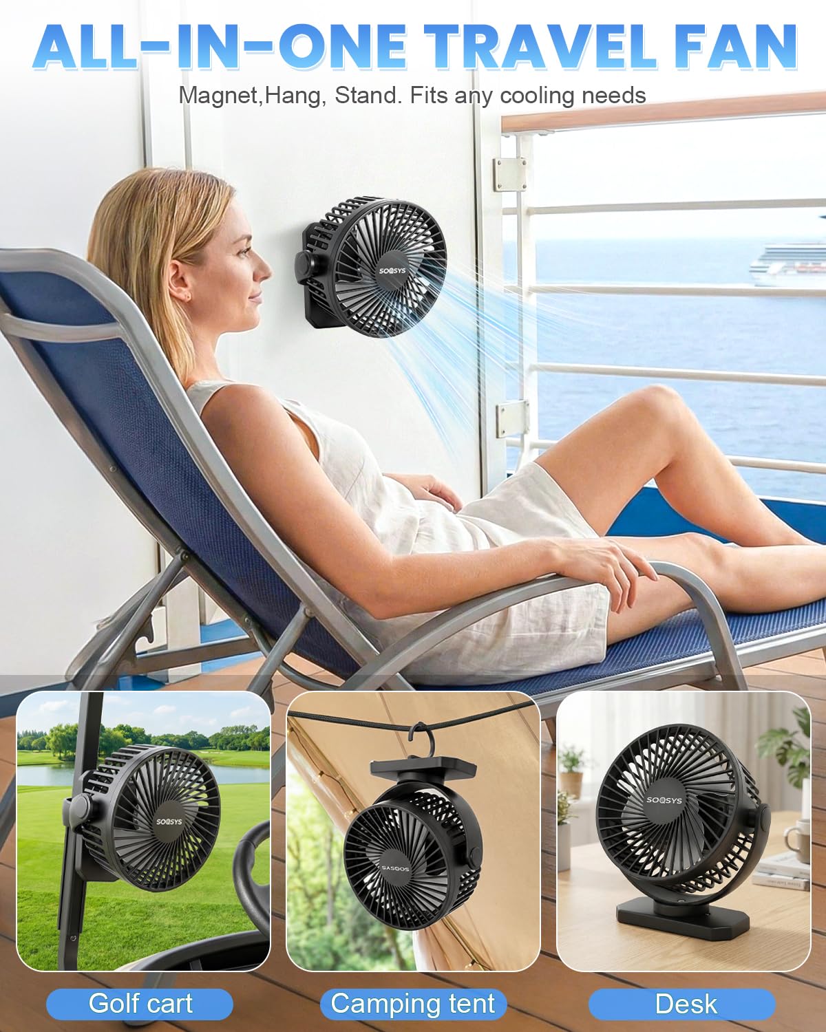 SOQSYS 2 Pack Cruise Approved Magnetic Fan with 12000mAh Rechargeable Battery, Cruise Fan with 3 Speeds, Timer, Led Lights, Bottom Hook, Portable Fans for Camping Travel Cruise Essentials