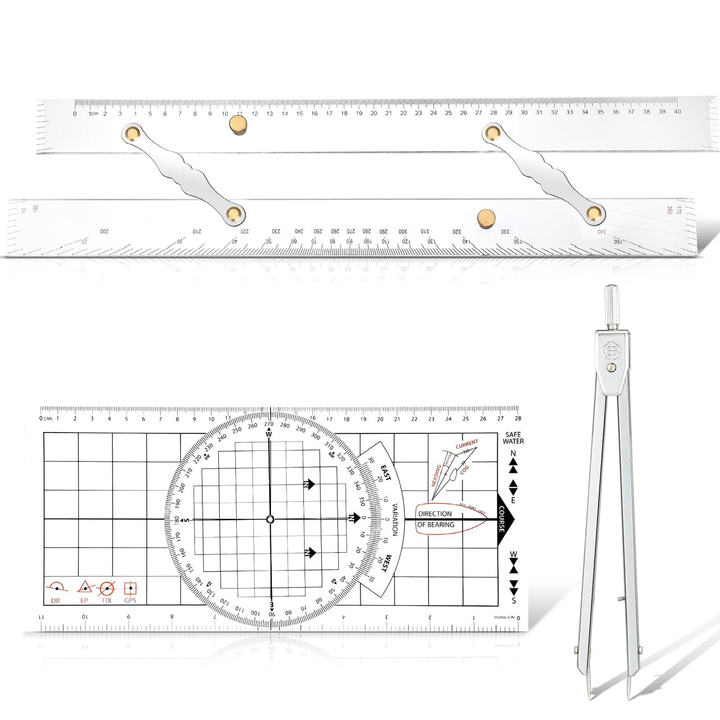 Motipuns 3 Pcs Basic Navigation Set, Include 16 Inch Marine Parallel Ruler with Clear Scales Navigation Divider Marine Nautical Protractor 6 Inch Marine Fixed Points Divider for Boat