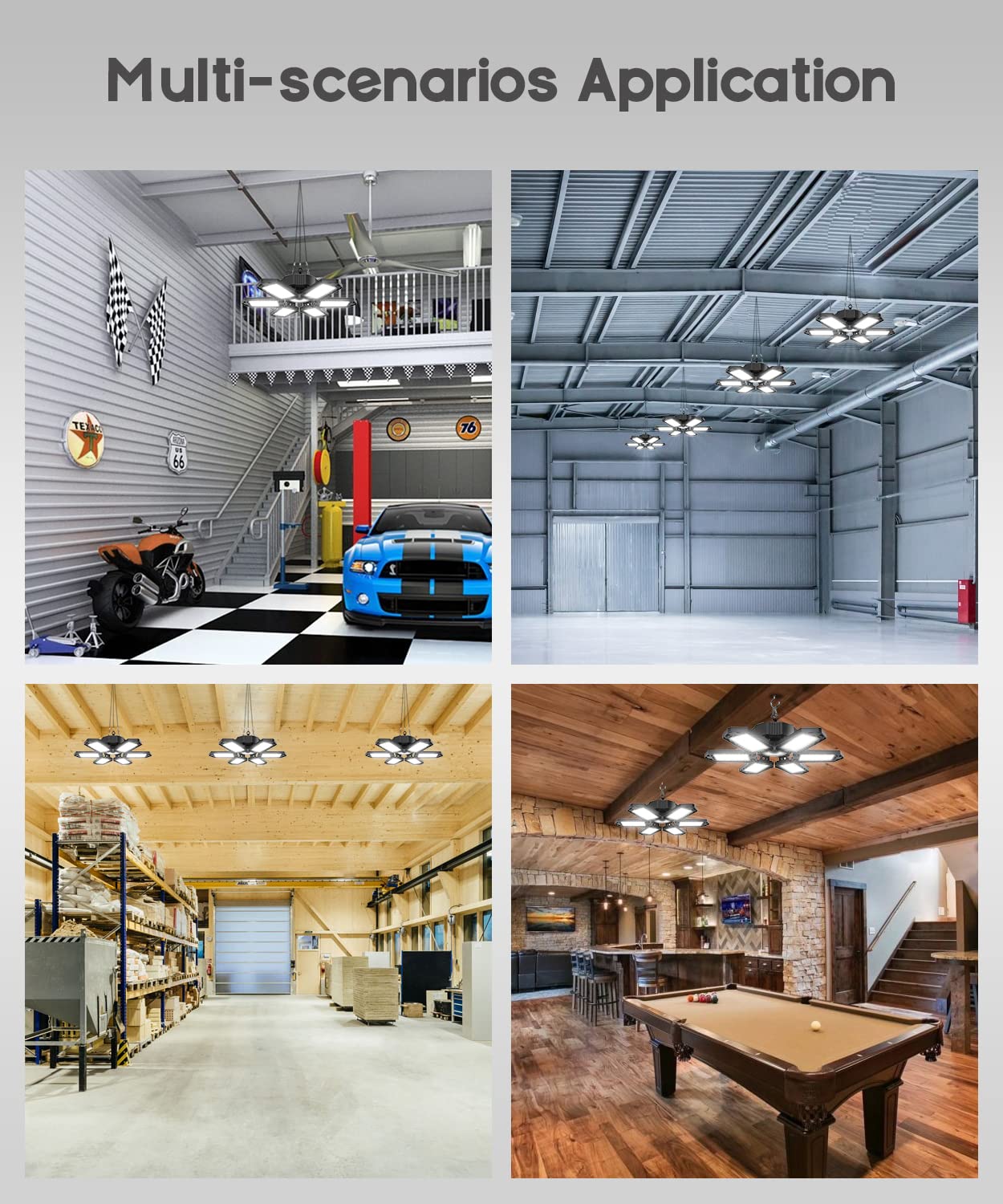 SEOBIOG LED Garage Lights 4 Pack, 200W 20000LM Plug in Linkable LED Shop Light, 6500K Ceiling Light Fixtures with 6+1 Deformable Panels for Garage, Work Bench (Built-in ON/Off Switch)