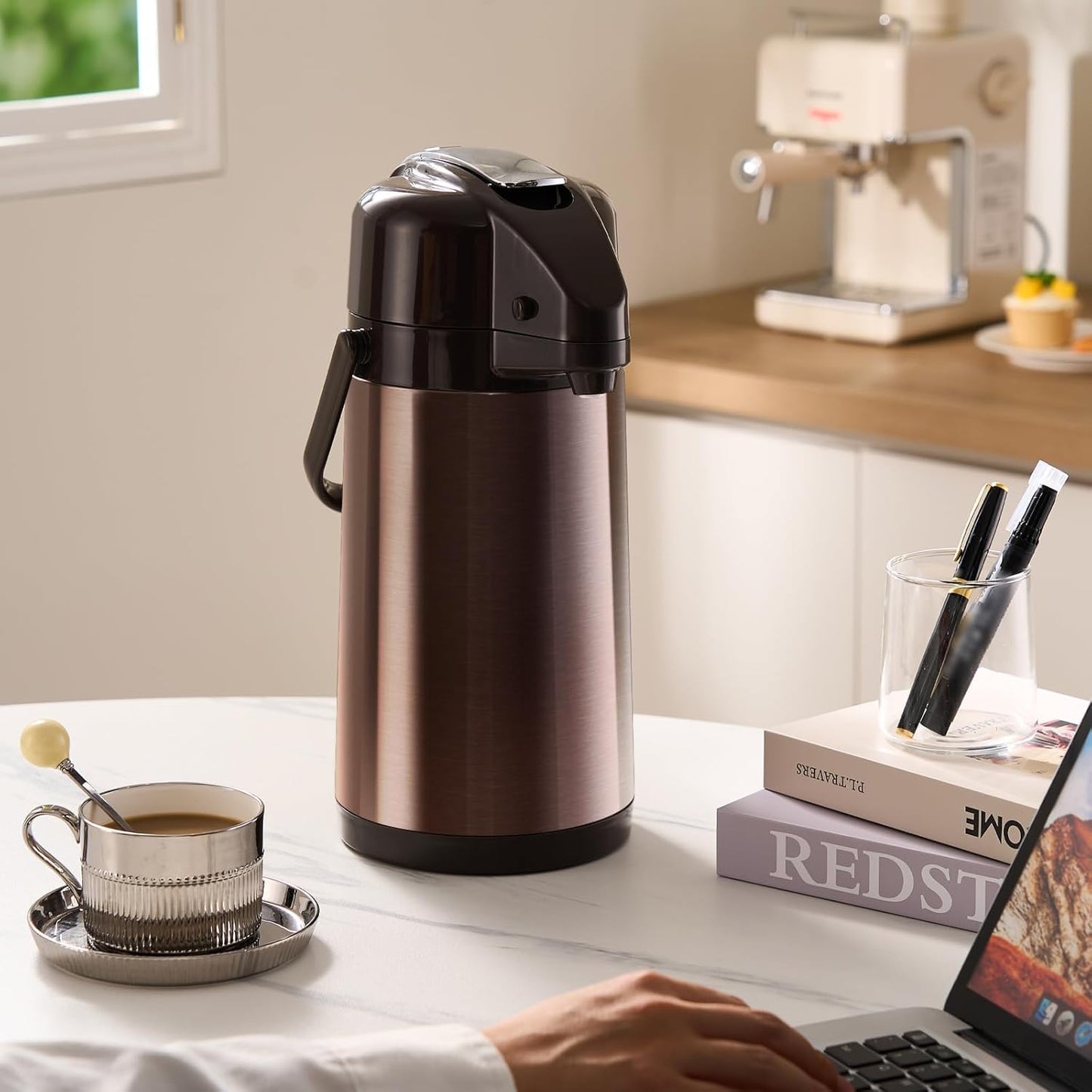 PARACITY Upgraded Airpot Coffee Carafe with Double Pump, Stainless Steel Drink Dispenser for Hot/Cold Beverage with Lazy Susan Base, Coffee Termos Para Cafe for Hot Cocoa for Parties