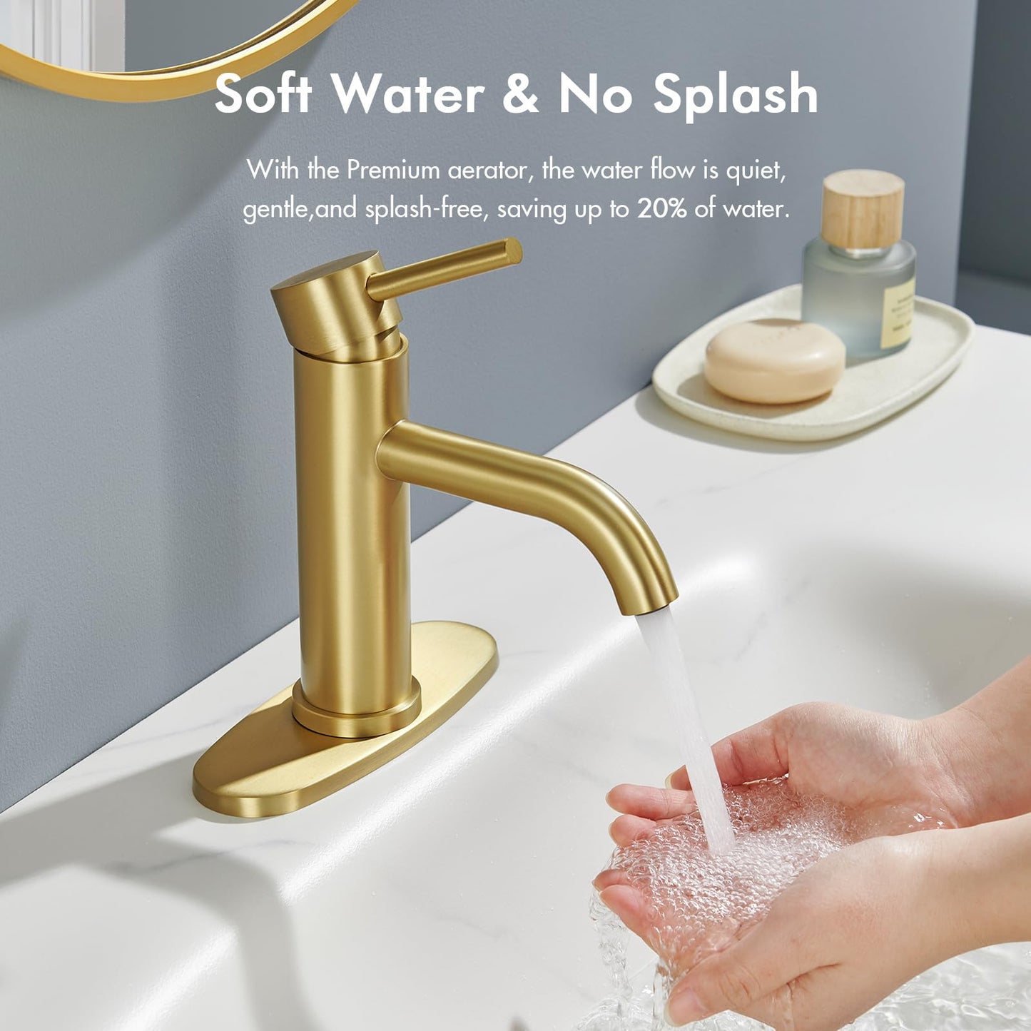 Gold Bathroom Faucet, WINKEAR Single Hole Bathroom Faucet with Pop-up Drain and Flexible Hoses, Single Handle for Sink, Vanity, RV, Modern Farmhouse, Suitable for 1 Hole or 3 Hole