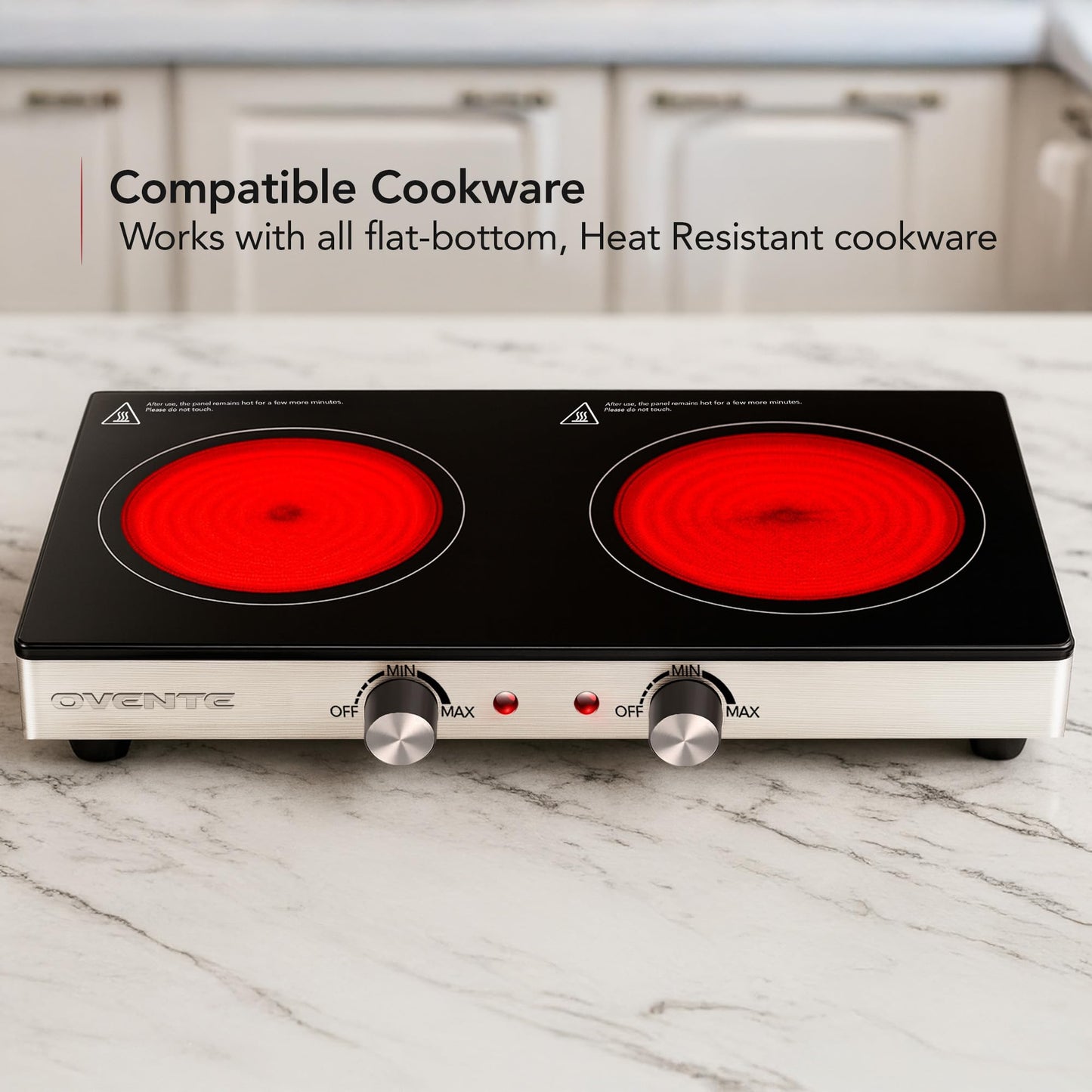 OVENTE Infrared Ceramic Double Burner, 1800W Electric Countertop Hot Plate with Black Crystalline Glass, Portable Stainless Steel Cooktop for Home, Office, or Dorm Use, Black BGI302GB