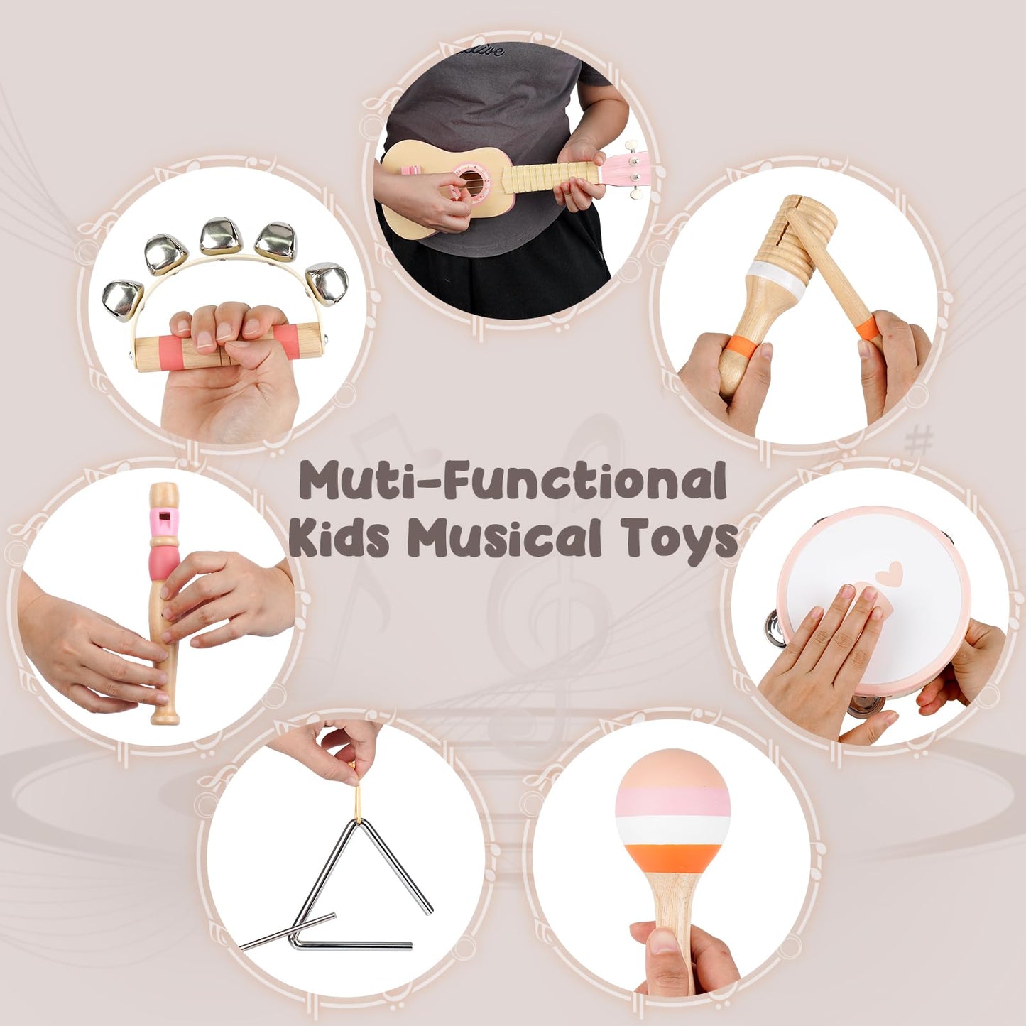 Kids Guitar Set for Girls - Toys for 2 3 4 Year Old Girl Birthday Gifts - 7 in 1 Wooden Montessori Musical Instruments with Ukulele/Tambourine/Maracas/Flute for Toddler 2-5(Pink)
