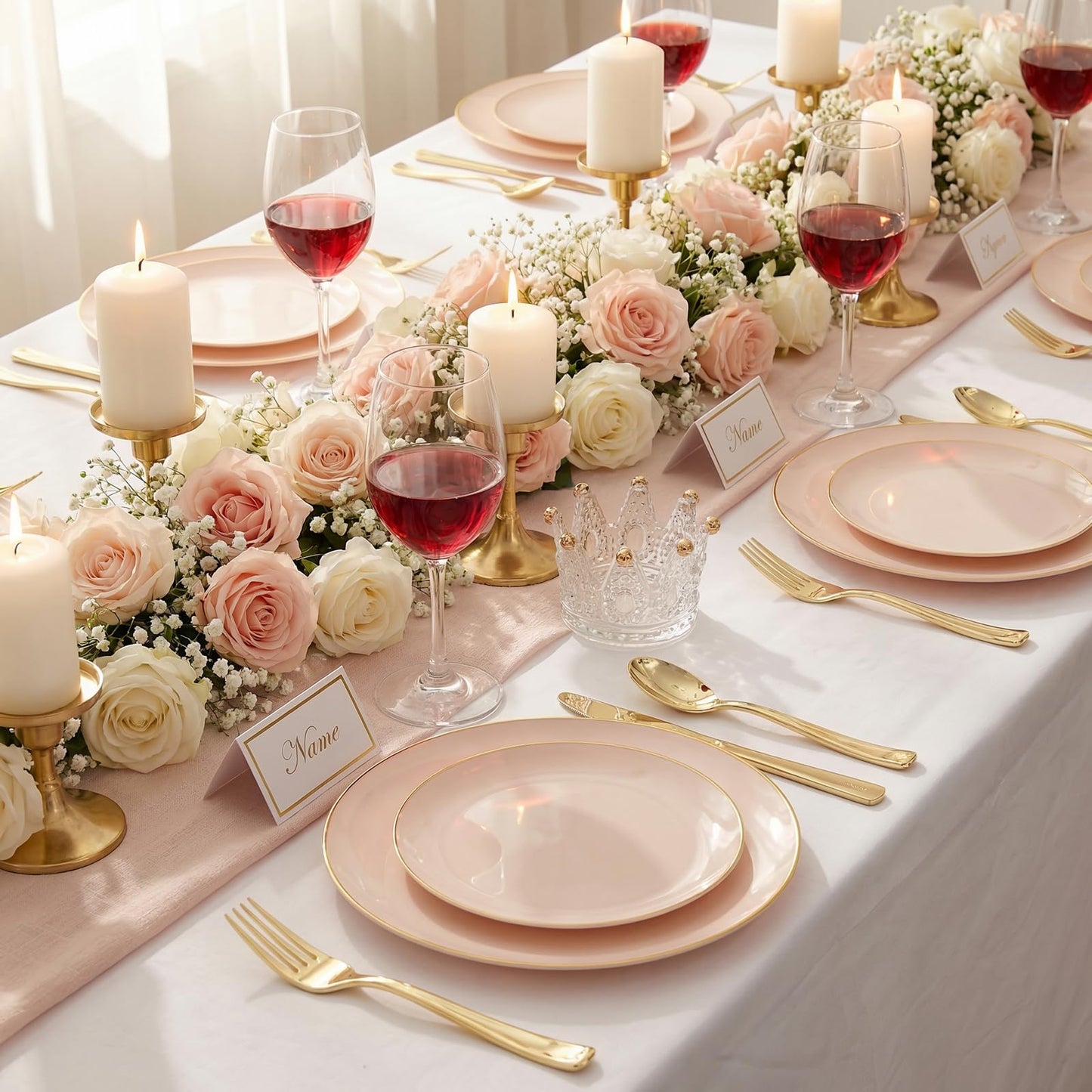 KIRE 175PCS Pink Plates Disposable - Heavy Duty Pink and Gold Plastic Plates Dinnerware Sets - 25 for Dinner 25 for Dessert 25 Pre Rolled Napkins 25Cups for Spring/Wedding/Party/Baby Shower