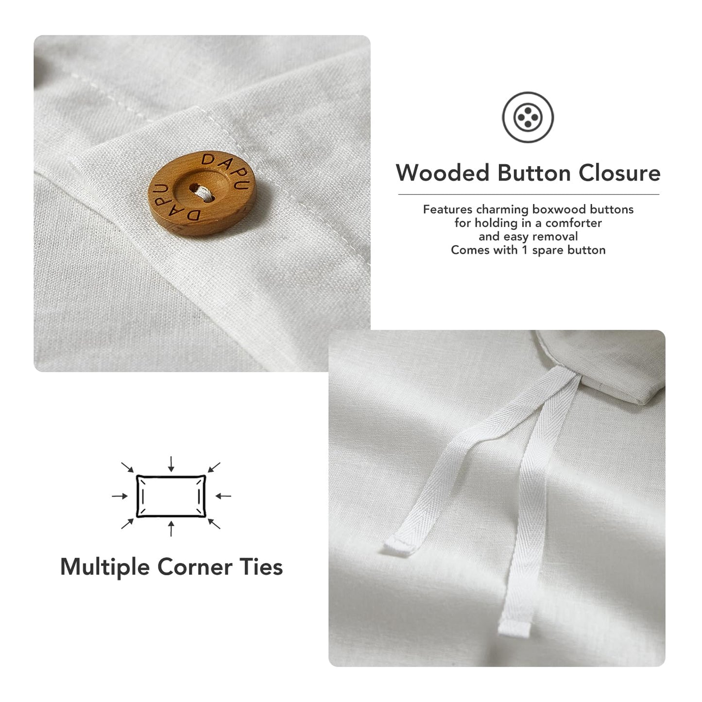 DAPU Linen Duvet Cover Set - French Linen Cotton Blend Natural Flax Soft Breathable Bedding 3 Pcs Set - 1 Duvet Cover 2 Pillowcases (Off-White/Cotton Linen, King)