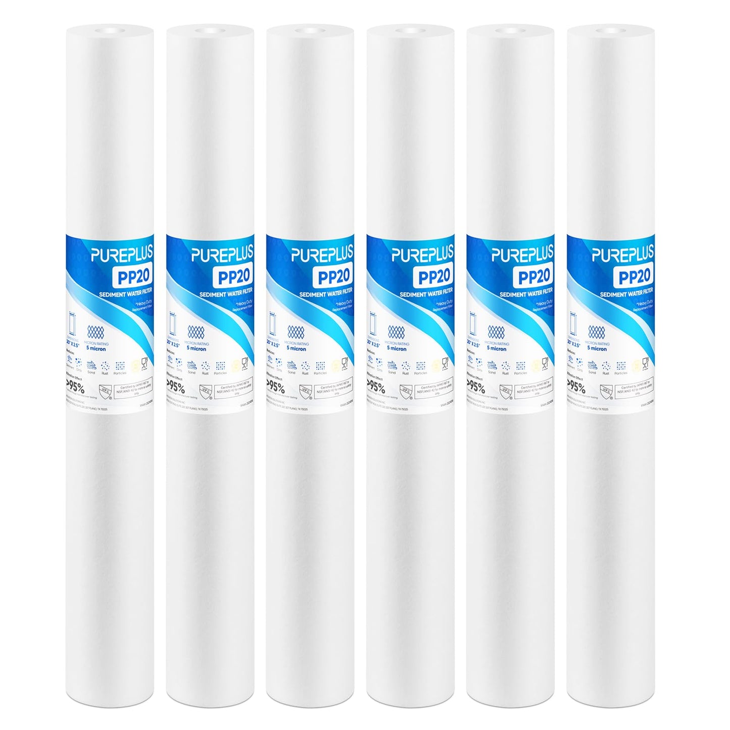 PUREPLUS 5 Micron 20" x 2.5" Whole House Sediment Home Water Filter, 20-inch Sediment Pre-Filtration, Replacement Cartridge Aqua Pure AP110-2C, Pentek P1-20/SP-P1-20/PX01-20, 6Pack