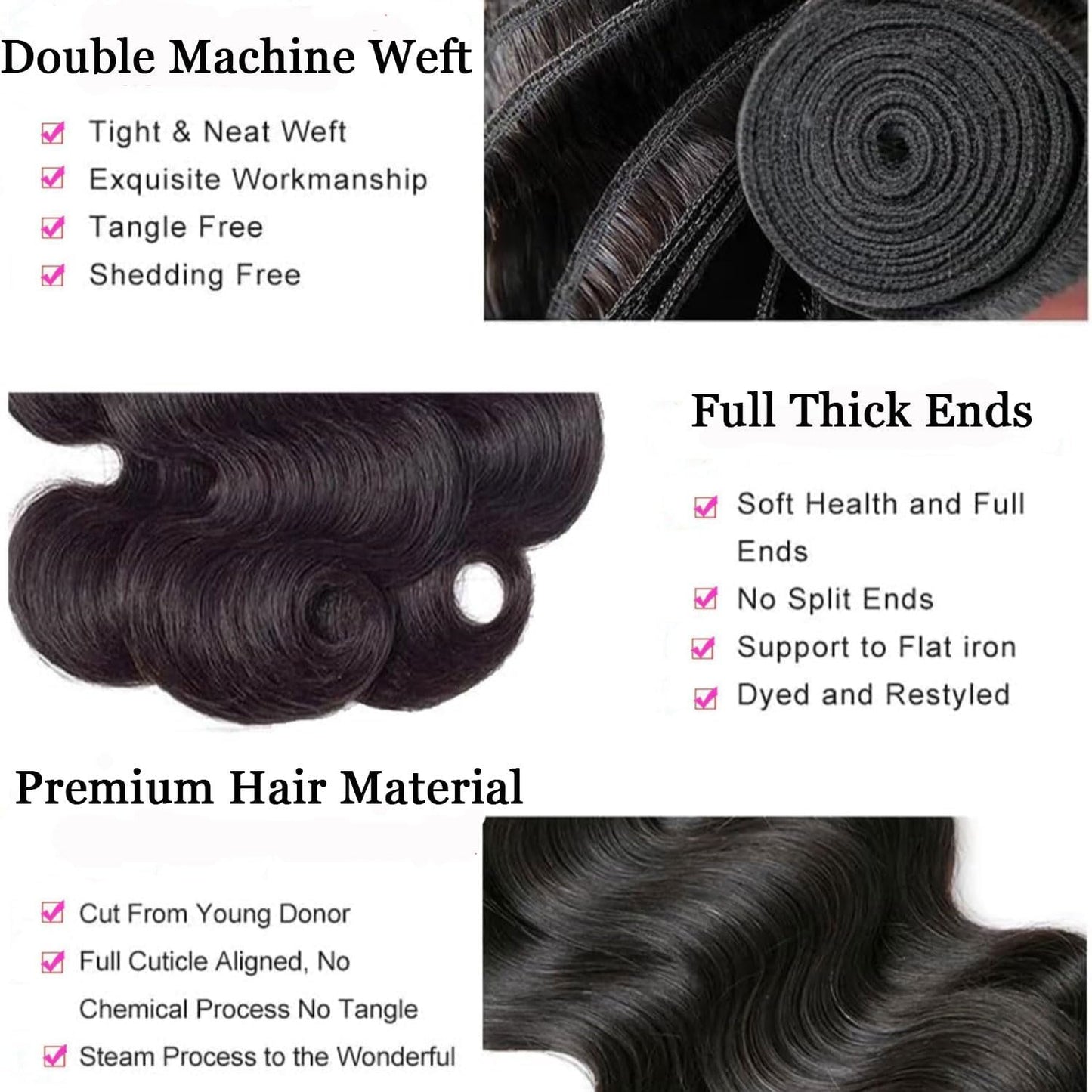 Body Wave Human Hair Bundles Brazilian Virgin Body Wave Bundles 100% Unprocessed Weave Human Hair 3 Bundles Natural Black Color Hair Extensions for Black Women
