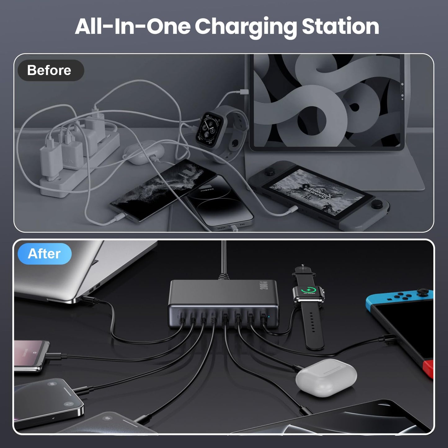 200W USB C Charger Block,GaN III USB Charging Station 8 Ports,QC4.0 Fast Charging Station Hub+PD 65W USB C Laptop Charger Adapter Compatible with MacBook Pro,DELL,iPhone 16/15,iPad,Steam Deck-Black