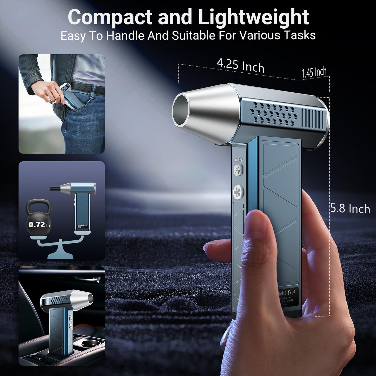 Hingso Compressed Air Duster, 380000RPM Powerful Electric Air Duster with LED Light, 4-Gear Rechargeable Mini Blower with Brushless Motor, Jet Dry Blower for Computer, Keyboard, Home, Car, Outdoor