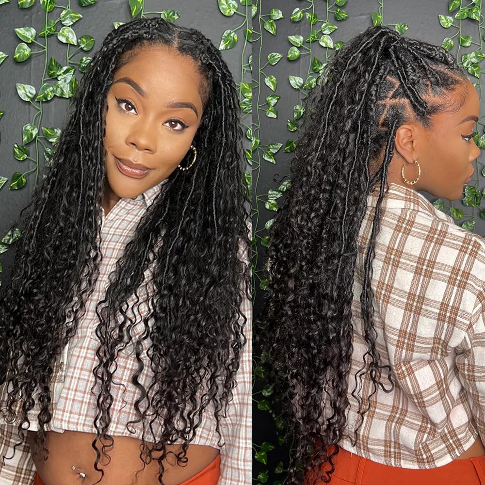 Crochet Boho Faux Locs with Human Hair Curls Pre-looped Goddess Crochet Locs Curly Ends Human Hair Soft Dreadlocks Braiding Hair for Black Women Natural Color 22Inch 24Locs