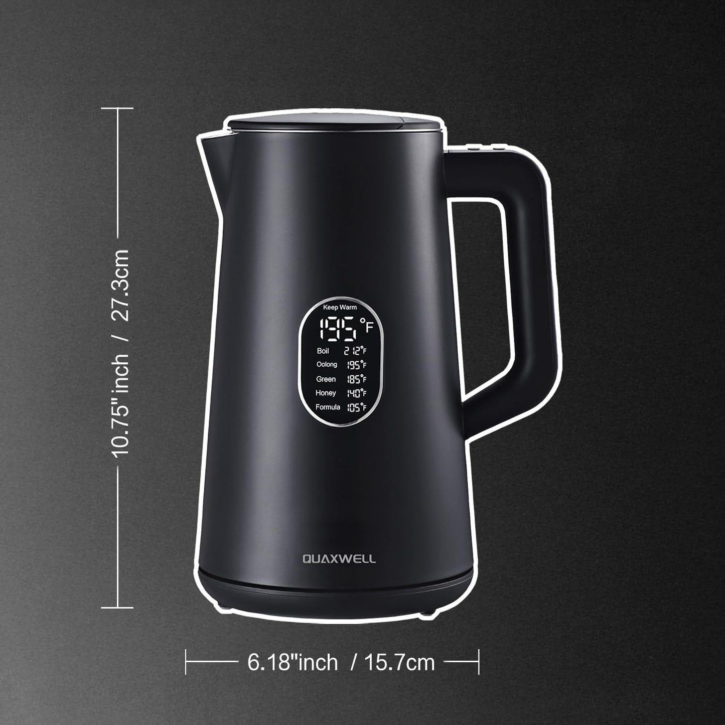 QUAXWELL 1.5L Electric Kettle Stainless Steel, Double Wall Cool Touch Teapot, Fast Boil,5 Temperature Control, LED Display, Auto Shut-Off, BPA-Free,Keep Warm Function, Ideal for Tea & Coffee,Black