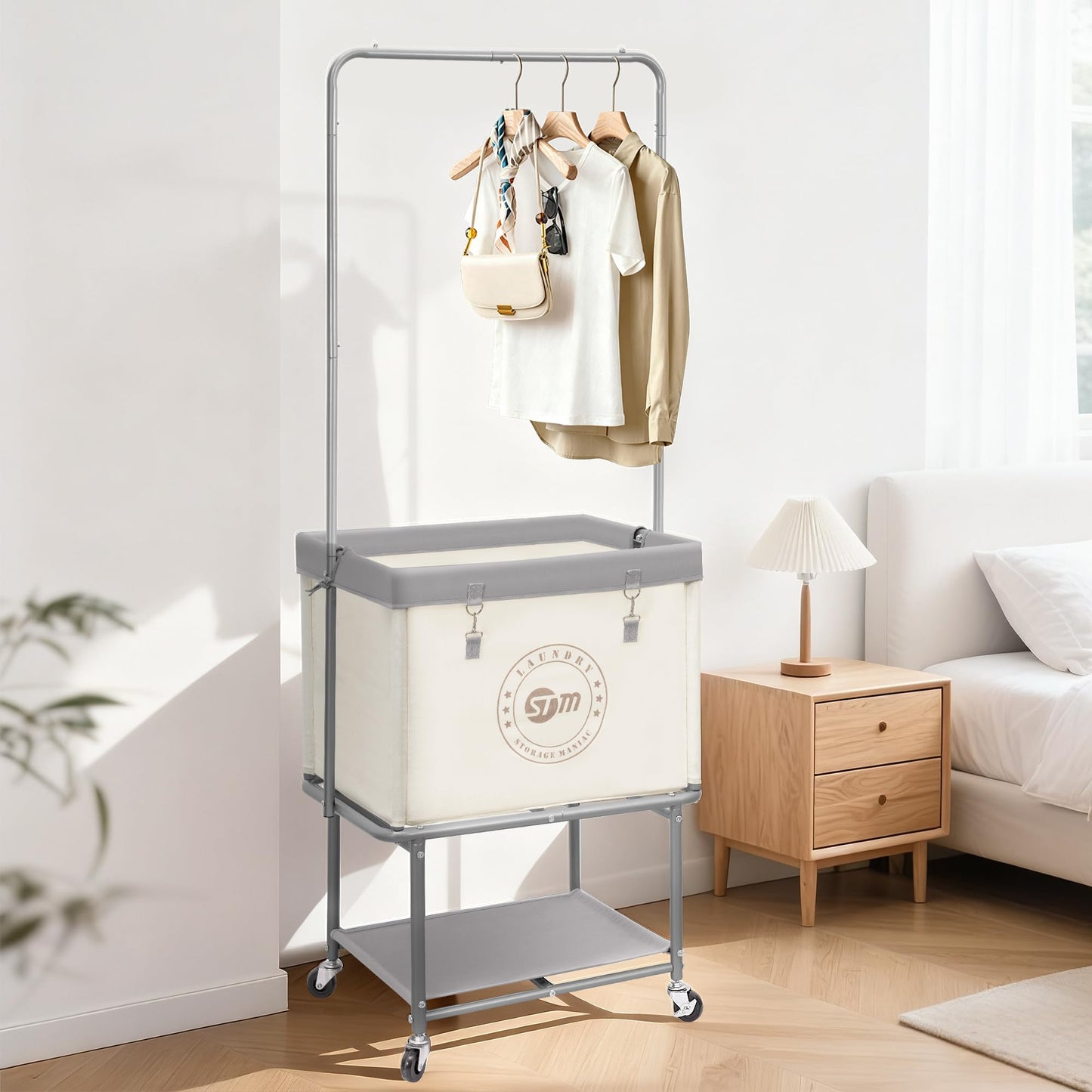 STORAGE MANIAC Rolling Laundry Cart with Hanging Bar & Storage Shelf, 110L Heavy Duty Large Laundry Basket with Clothes Hanging Rod, Study Clothes Hamper with Lockable Wheels, Beige