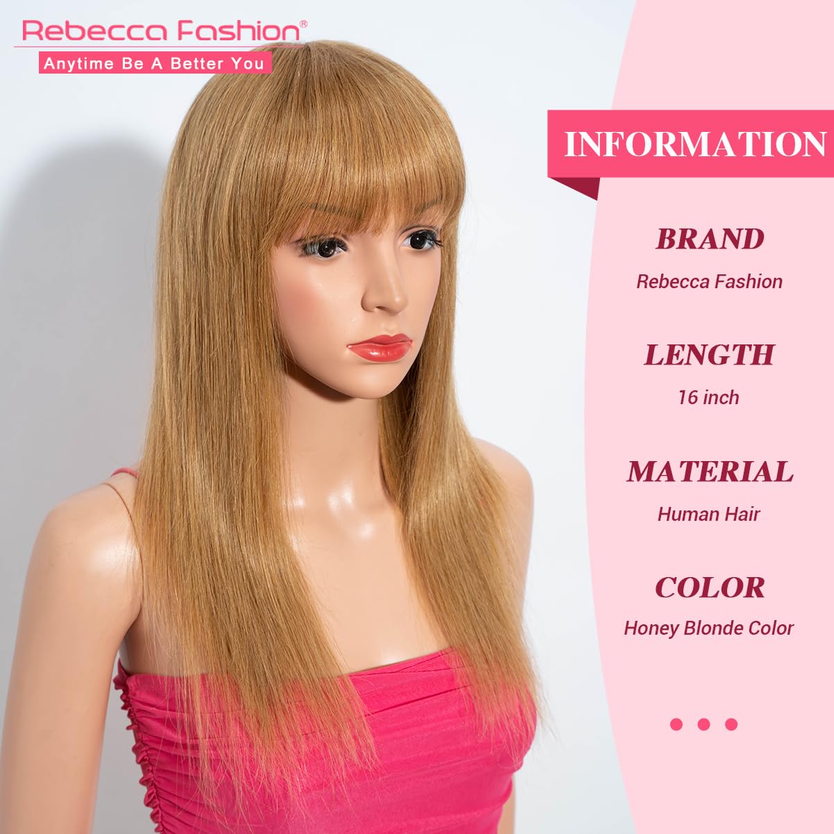 Rebecca Fashion 16 Inch Honey Blonde Straight Wigs with Bangs Human Hair Wigs for Black Women None Lace Front Wigs 10A Brazilian Virgin Hair Glueless Machine Made Wig