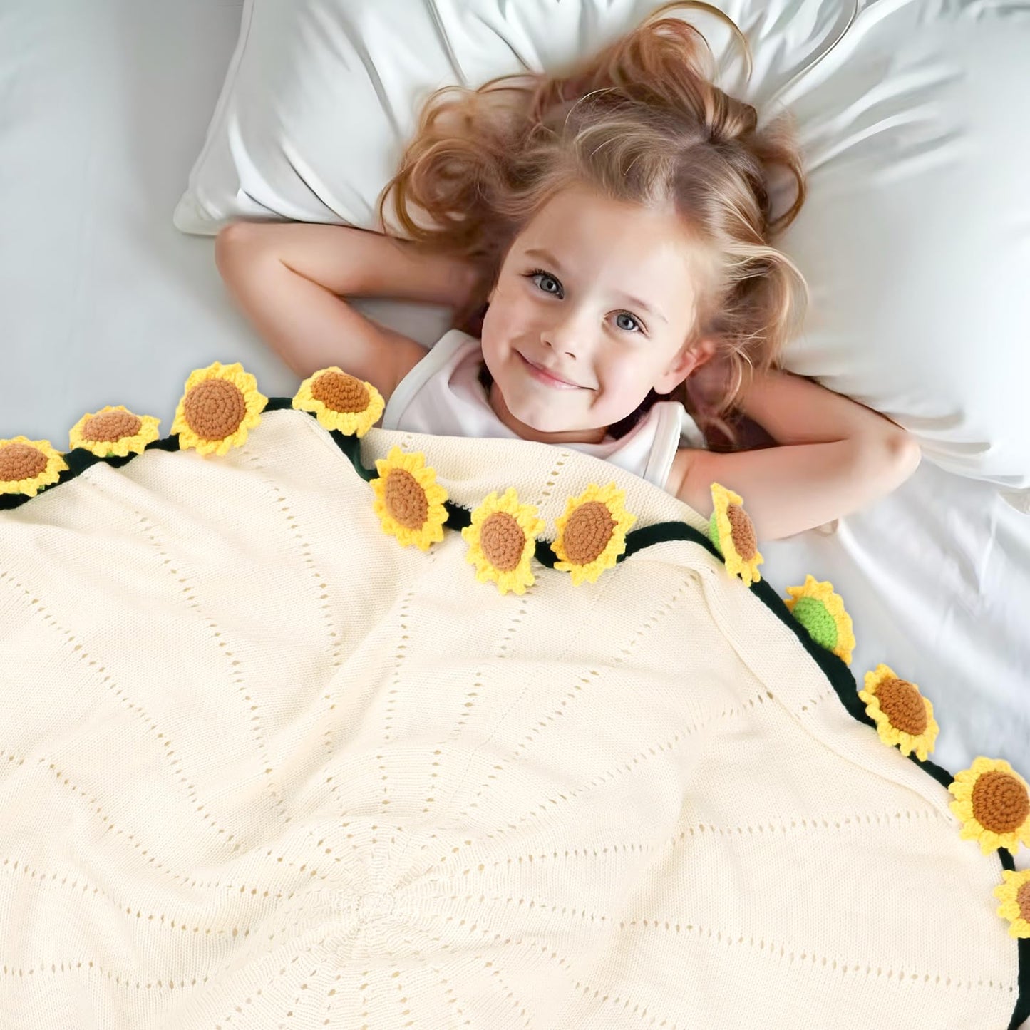 cagulax Sunflower Blanket for Women, Get Well Mothers Day Birthday Gifts for Friend, Mom, Sister, Grandma, Teacher, Floral Throw Decor Sunflower Crochet Flowers Bouquet Blankets 31 Inches