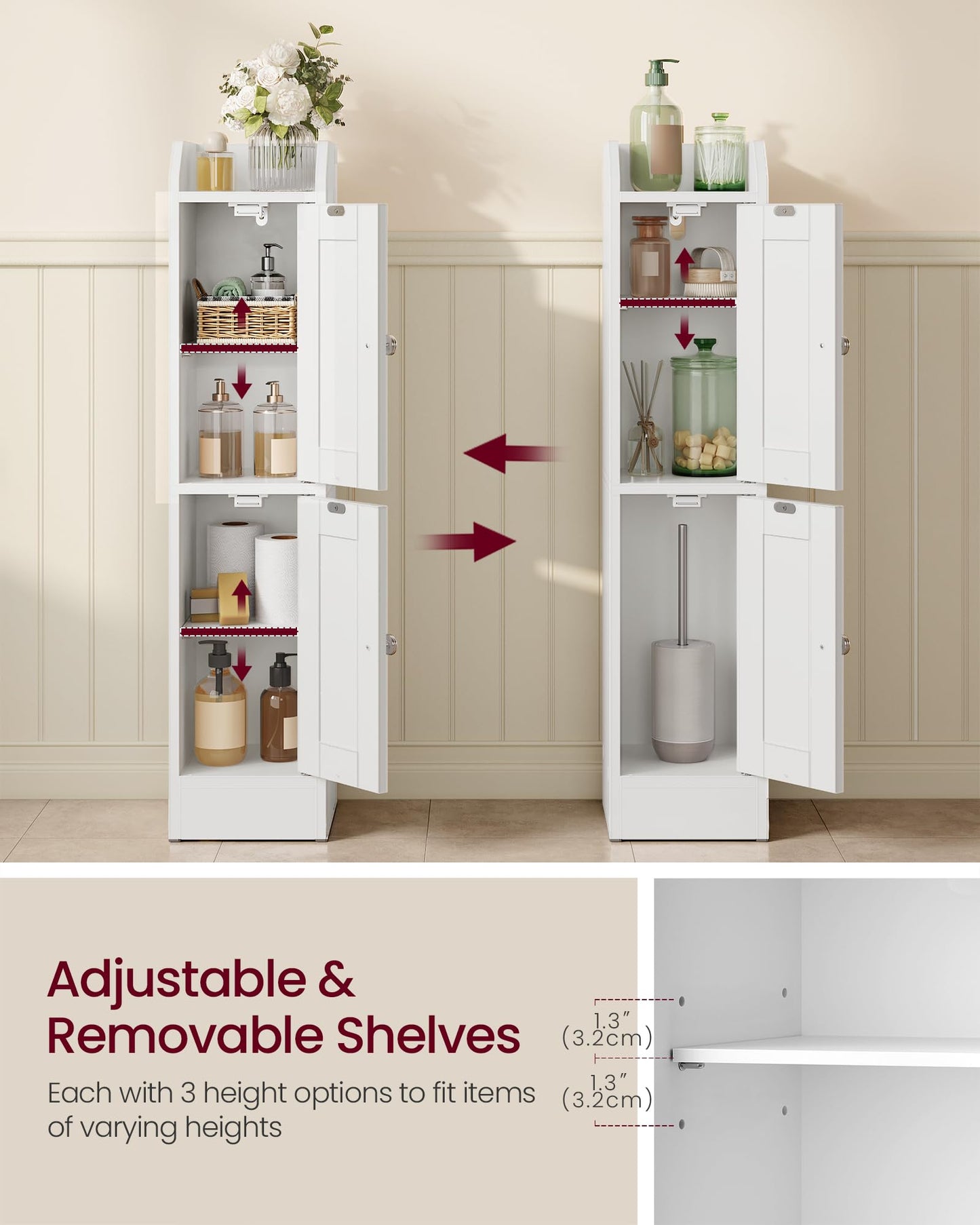 VASAGLE Siren Collection - Slim Storage Cabinet with Reversible Doors, Small Storage Corner Floor Cabinet, Narrow Orgnizer, Adjustable Shelves, Farmhouse, Cloud White UBBK312WB01S