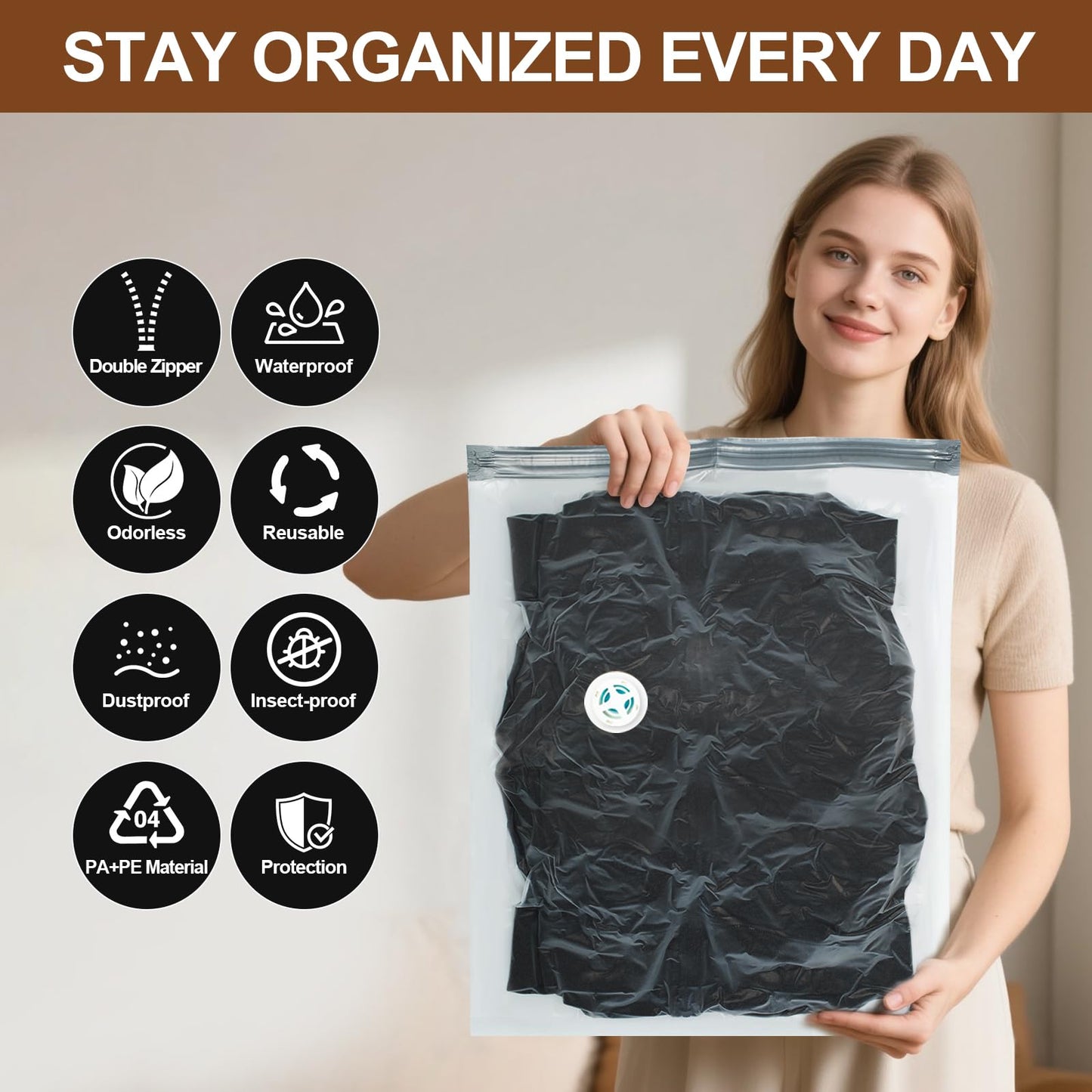 DUORAN 24 Pack Vacuum Storage Bags,Space Saver Bags for Clothing,Comforters,and Bedding,Includes 5 Jumbo, 5 Large, 5 Medium, 5 Small/4 Roll Bags,Compression for Closet & Travel, With Electric Pump