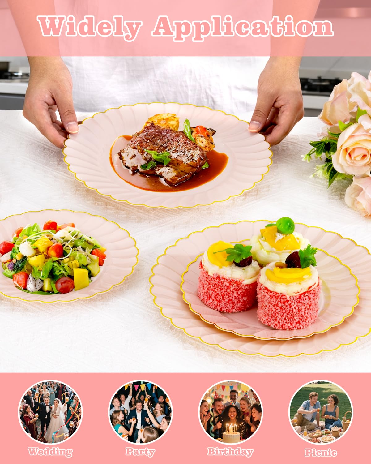 YOUBET 100PCS Pink Scalloped Plastic Plates - Heavy Duty Gold Disposable Fancy Hard Plates Include 50 Dinner Plate, 50 Dessert Plate, for Wedding & Party