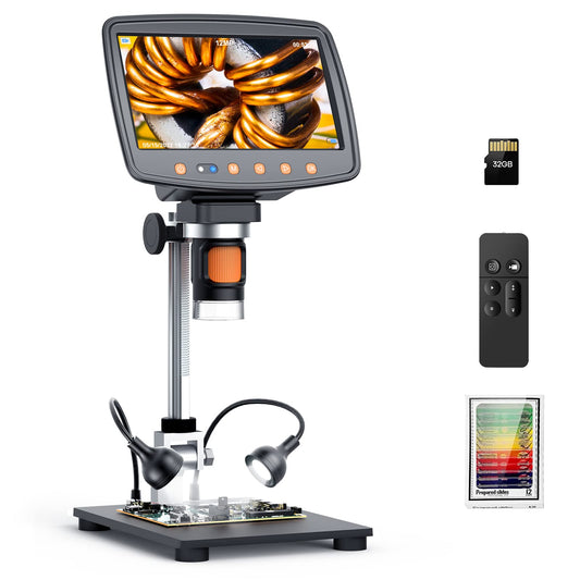 7'' Digital Microscope 1500X, HDMI LCD Microscope 8.5‘’ Longer Stand, Coin Microscope for Adults with 12MP Ultra-Precise Camera Sensor, Compatible with TV/Windows/Mac, 32GB TF Card, 12 Slides